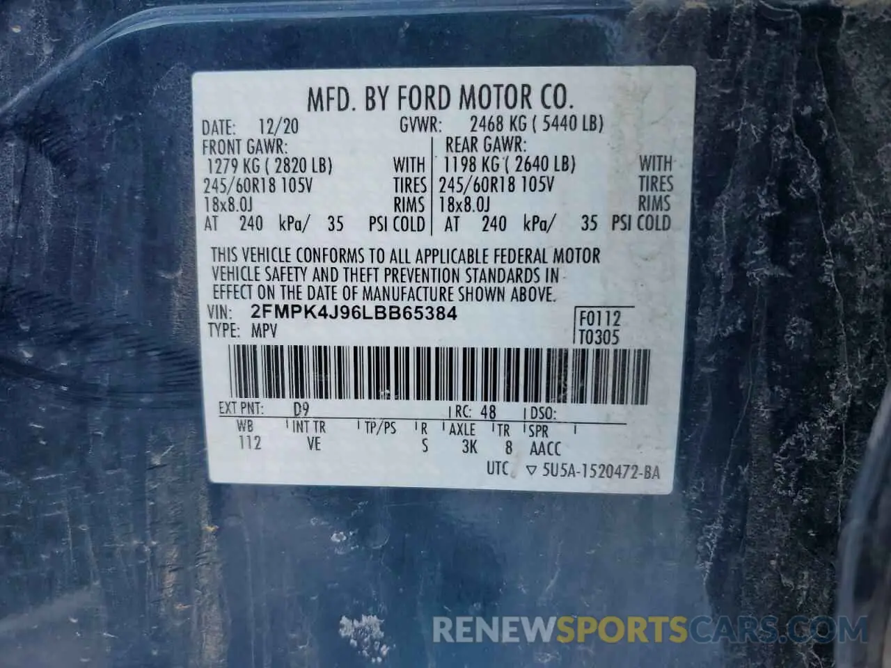 14 fotografías del automóvil dañado 2FMPK4J96LBB65384 FORD EDGE 2020