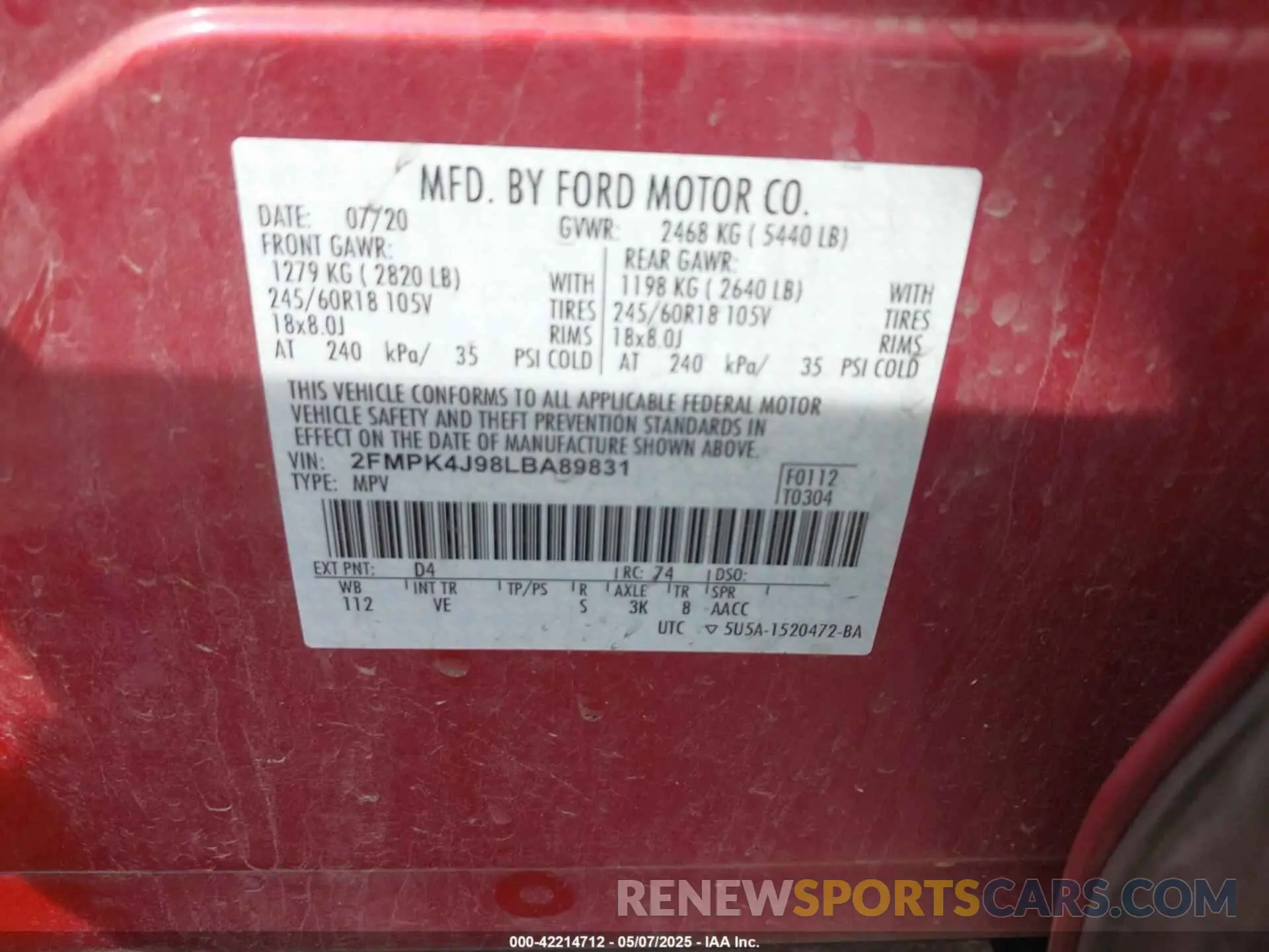 9 fotografías del automóvil dañado 2FMPK4J98LBA89831 FORD EDGE 2020