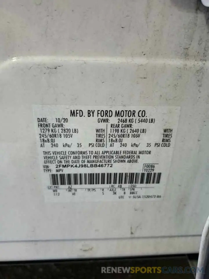 13 fotografías del automóvil dañado 2FMPK4J98LBB46772 FORD EDGE 2020