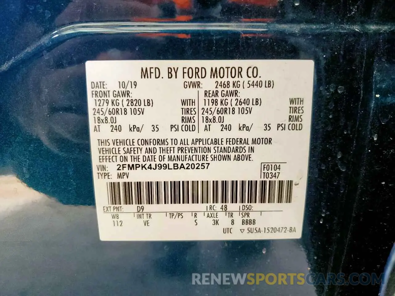 13 fotografías del automóvil dañado 2FMPK4J99LBA20257 FORD EDGE 2020
