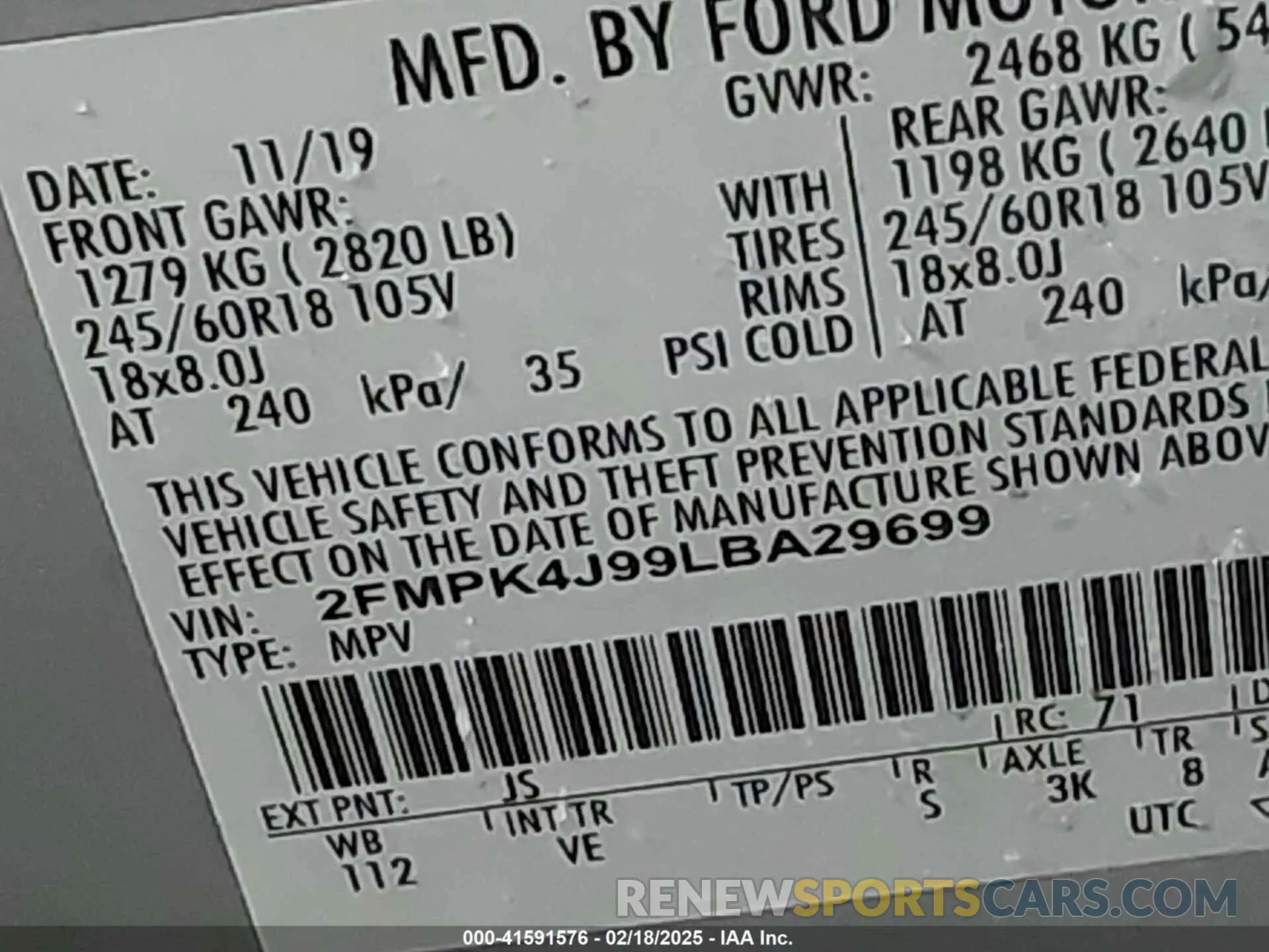 9 fotografías del automóvil dañado 2FMPK4J99LBA29699 FORD EDGE 2020