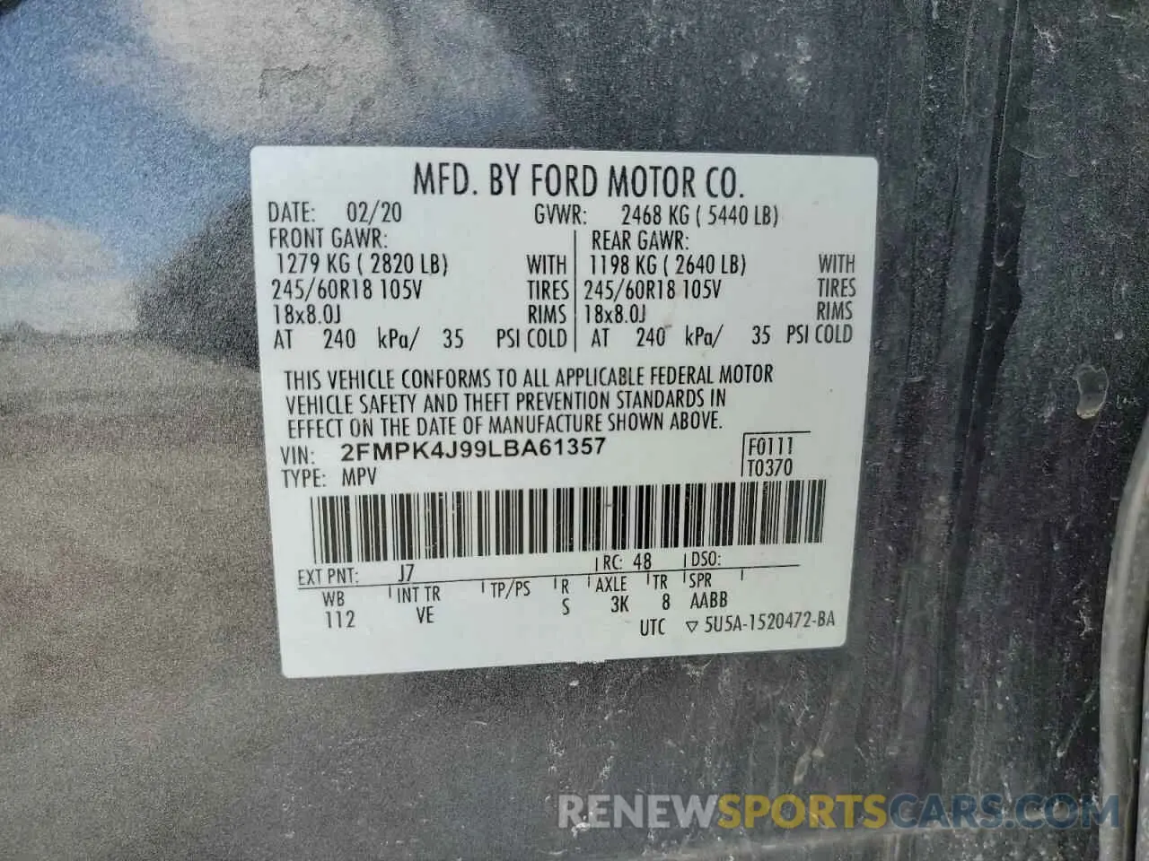 13 fotografías del automóvil dañado 2FMPK4J99LBA61357 FORD EDGE 2020