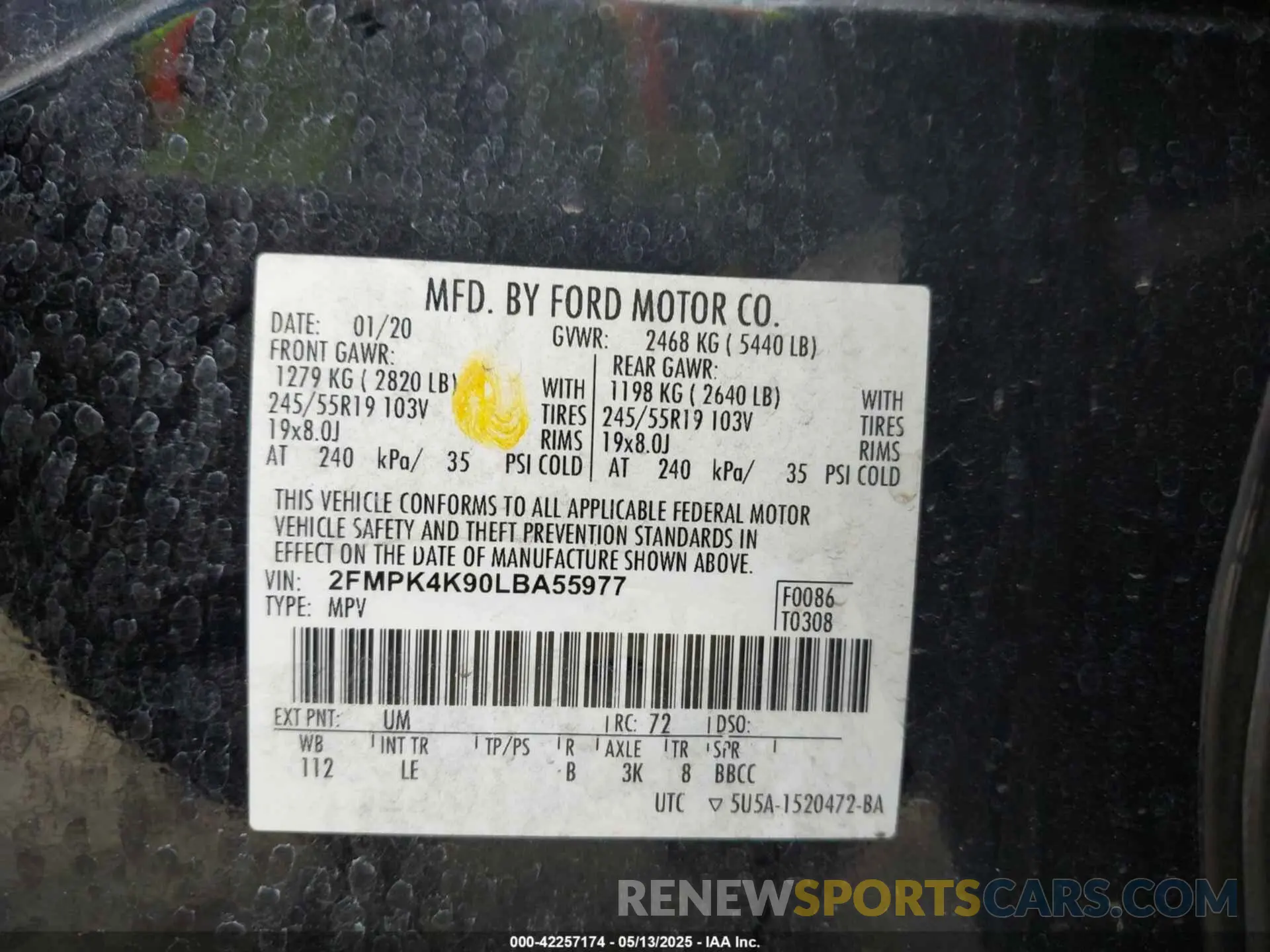 9 fotografías del automóvil dañado 2FMPK4K90LBA55977 FORD EDGE 2020