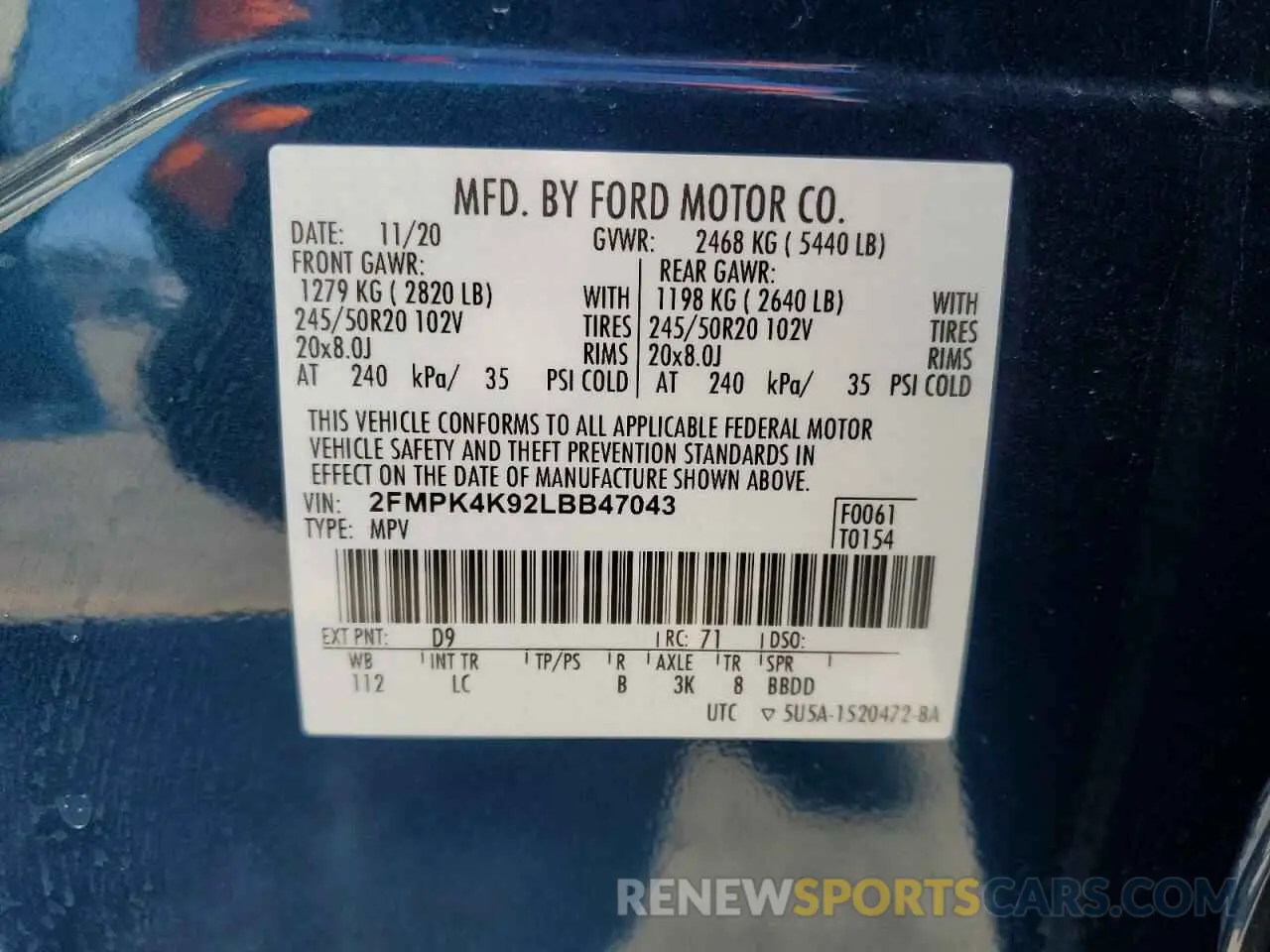15 fotografías del automóvil dañado 2FMPK4K92LBB47043 FORD EDGE 2020
