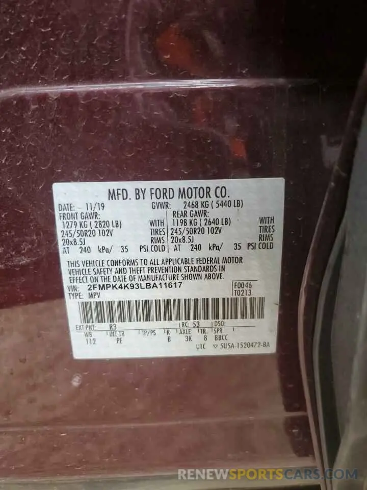 14 fotografías del automóvil dañado 2FMPK4K93LBA11617 FORD EDGE 2020