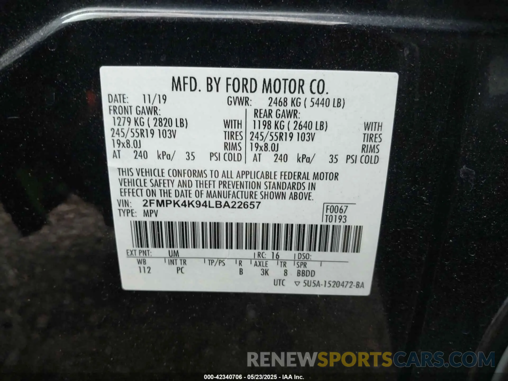 9 fotografías del automóvil dañado 2FMPK4K94LBA22657 FORD EDGE 2020