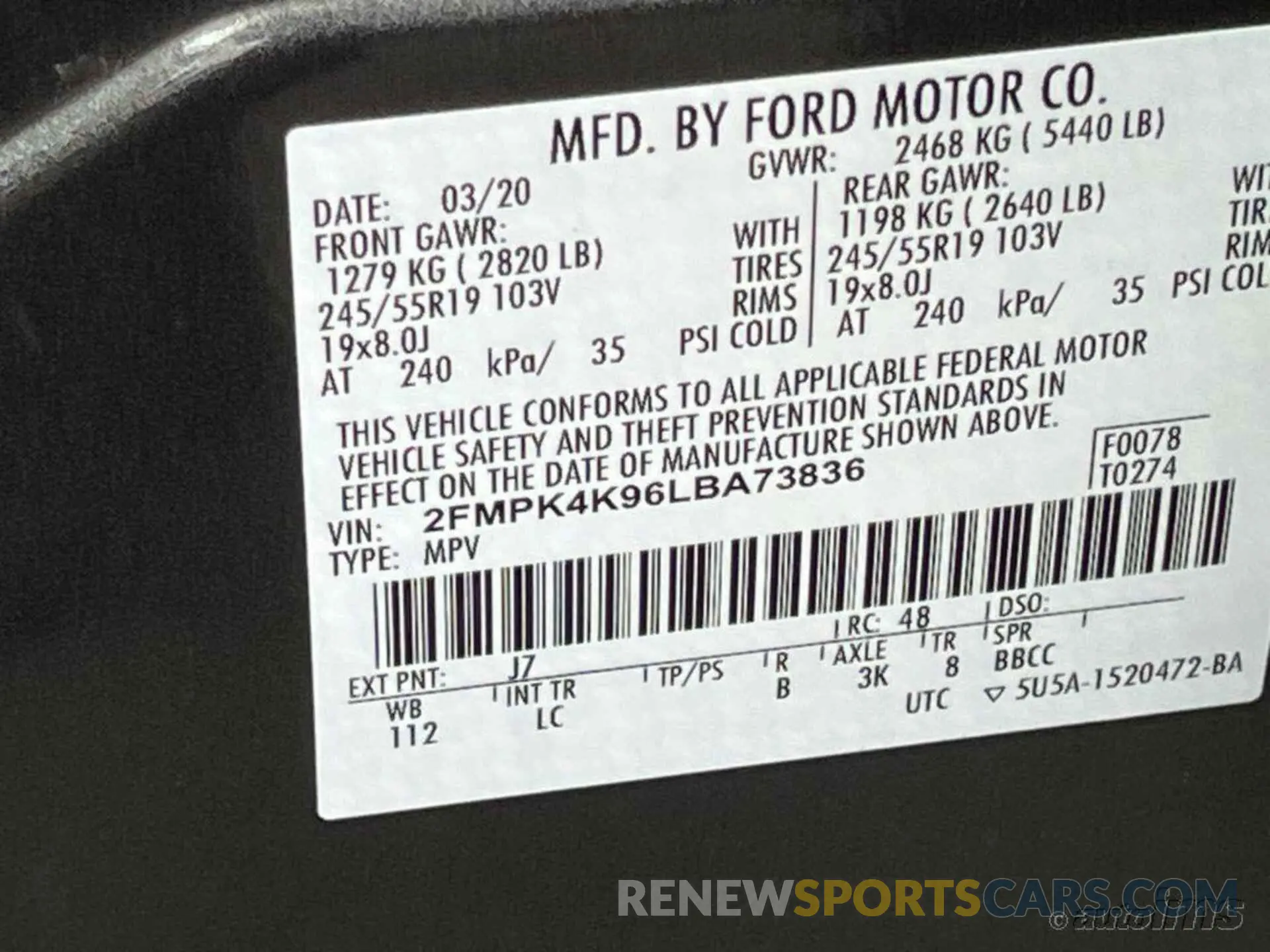 11 fotografías del automóvil dañado 2FMPK4K96LBA73836 FORD EDGE 2020