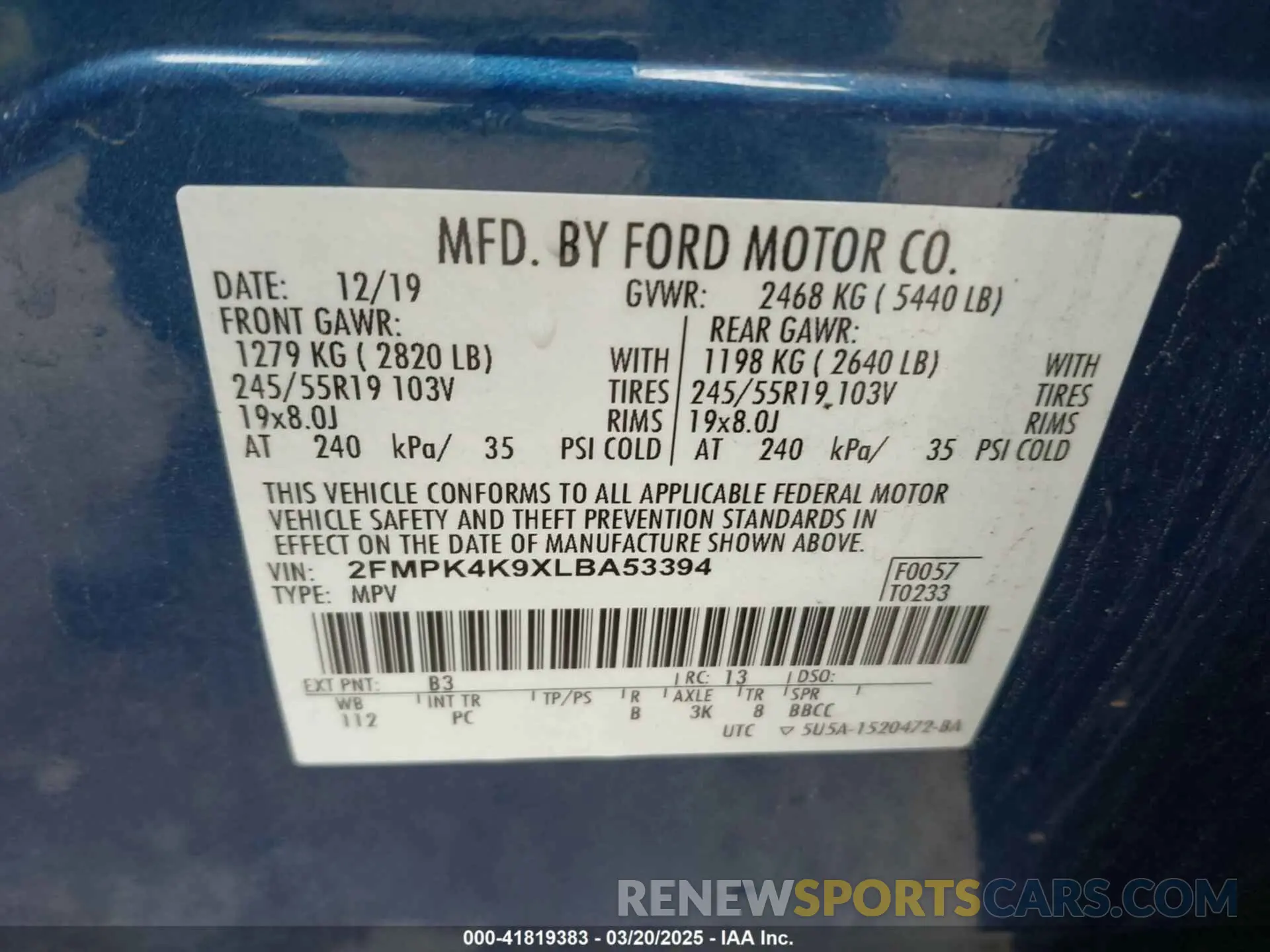 9 fotografías del automóvil dañado 2FMPK4K9XLBA53394 FORD EDGE 2020