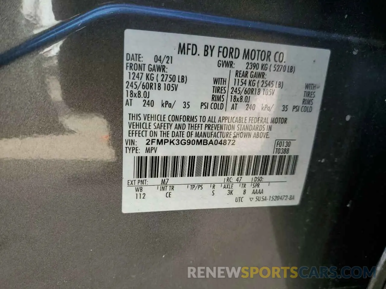 12 fotografías del automóvil dañado 2FMPK3G90MBA04872 FORD EDGE 2021