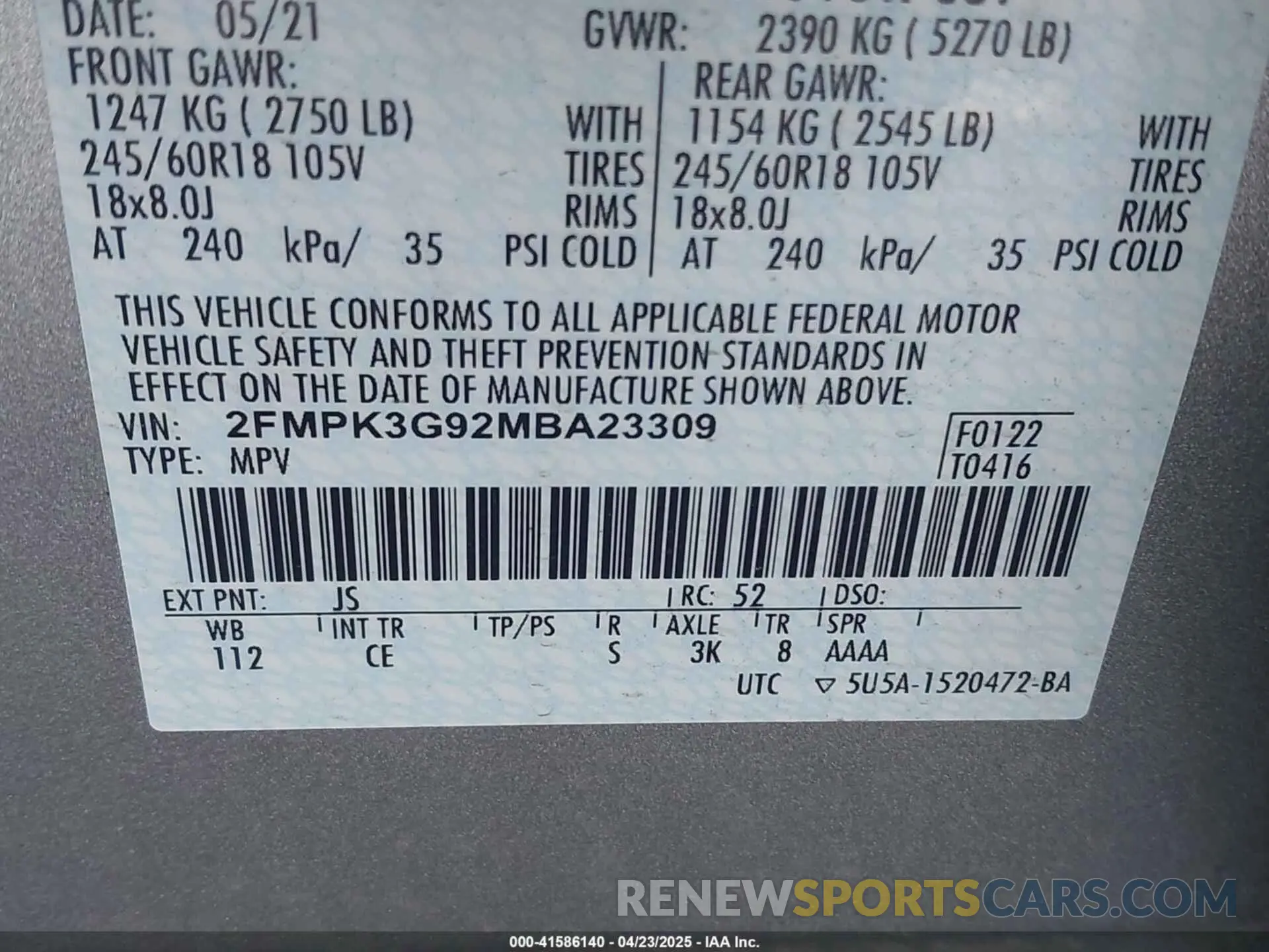 9 fotografías del automóvil dañado 2FMPK3G92MBA23309 FORD EDGE 2021
