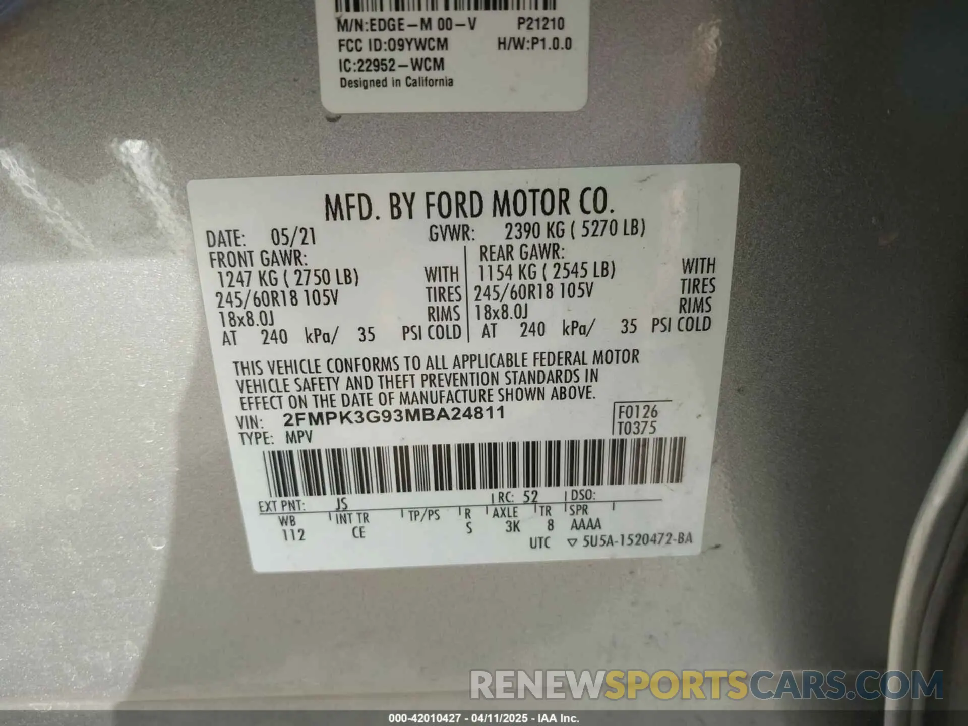 9 fotografías del automóvil dañado 2FMPK3G93MBA24811 FORD EDGE 2021