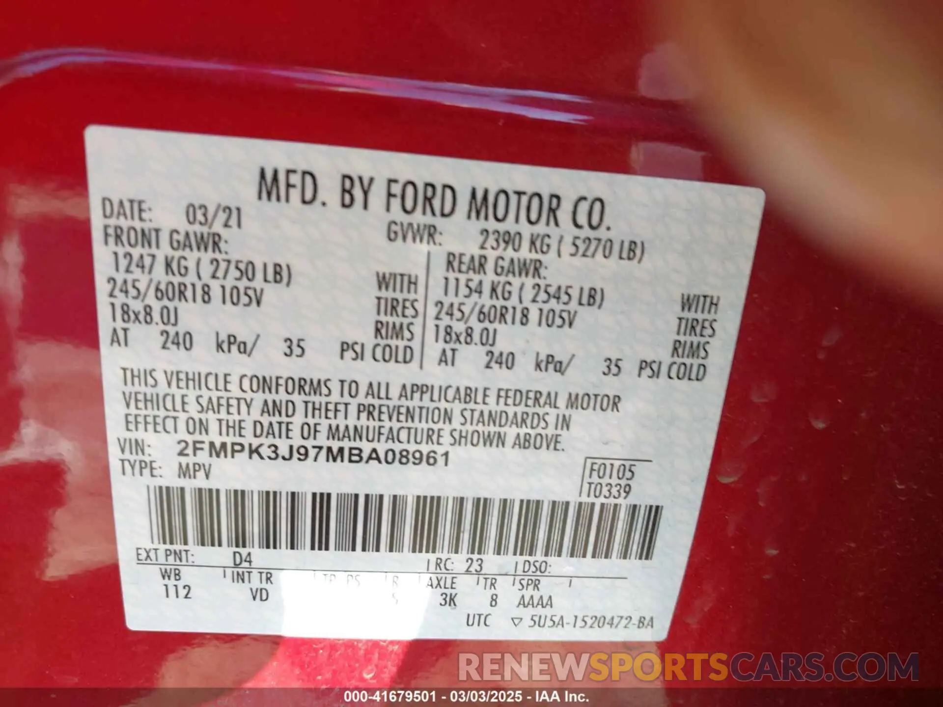 9 fotografías del automóvil dañado 2FMPK3J97MBA08961 FORD EDGE 2021