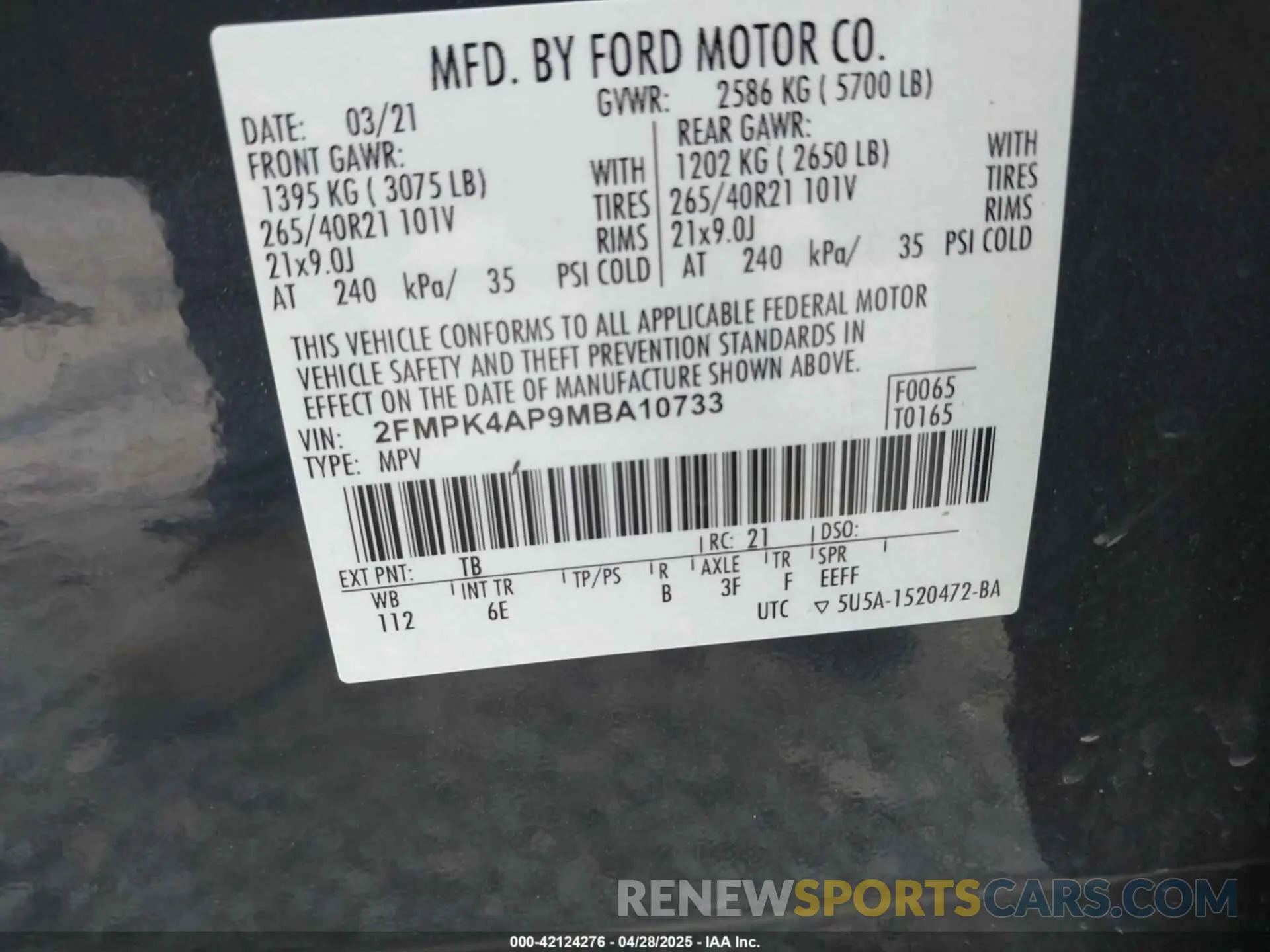 9 fotografías del automóvil dañado 2FMPK4AP9MBA10733 FORD EDGE 2021