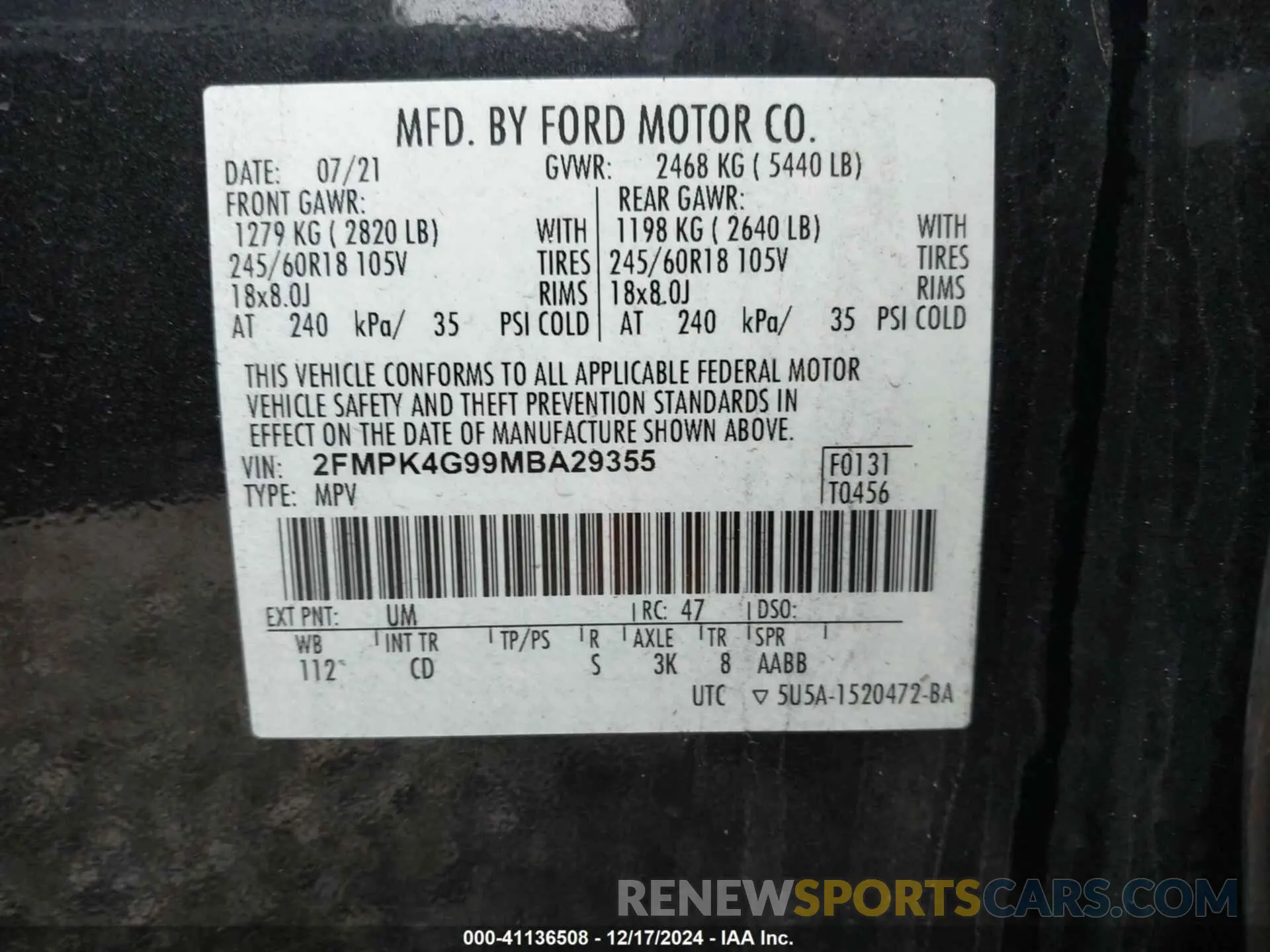 9 fotografías del automóvil dañado 2FMPK4G99MBA29355 FORD EDGE 2021