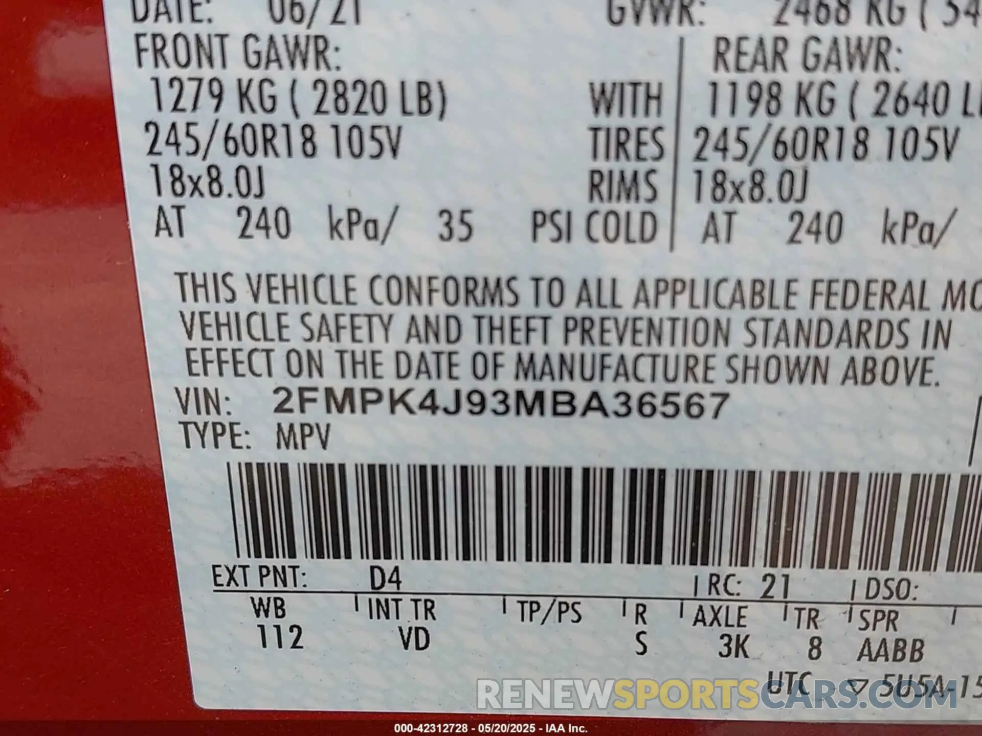 9 fotografías del automóvil dañado 2FMPK4J93MBA36567 FORD EDGE 2021