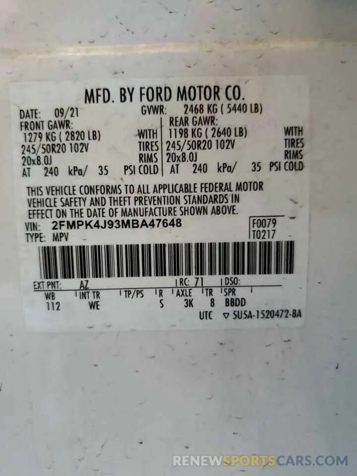 12 fotografías del automóvil dañado 2FMPK4J93MBA47648 FORD EDGE 2021
