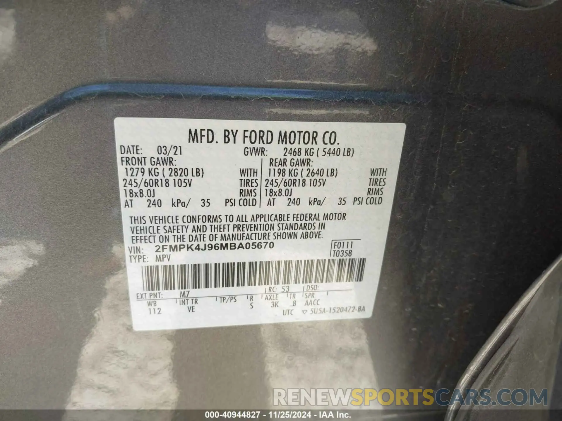 9 fotografías del automóvil dañado 2FMPK4J96MBA05670 FORD EDGE 2021