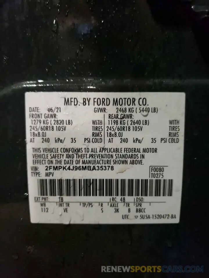 13 fotografías del automóvil dañado 2FMPK4J96MBA35378 FORD EDGE 2021