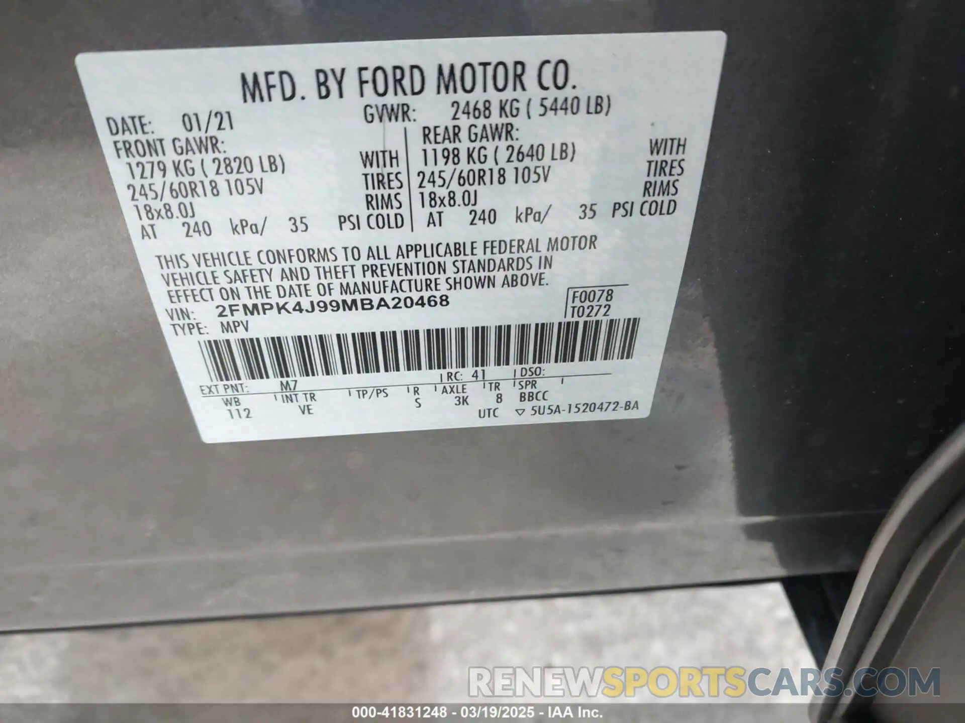 9 fotografías del automóvil dañado 2FMPK4J99MBA20468 FORD EDGE 2021
