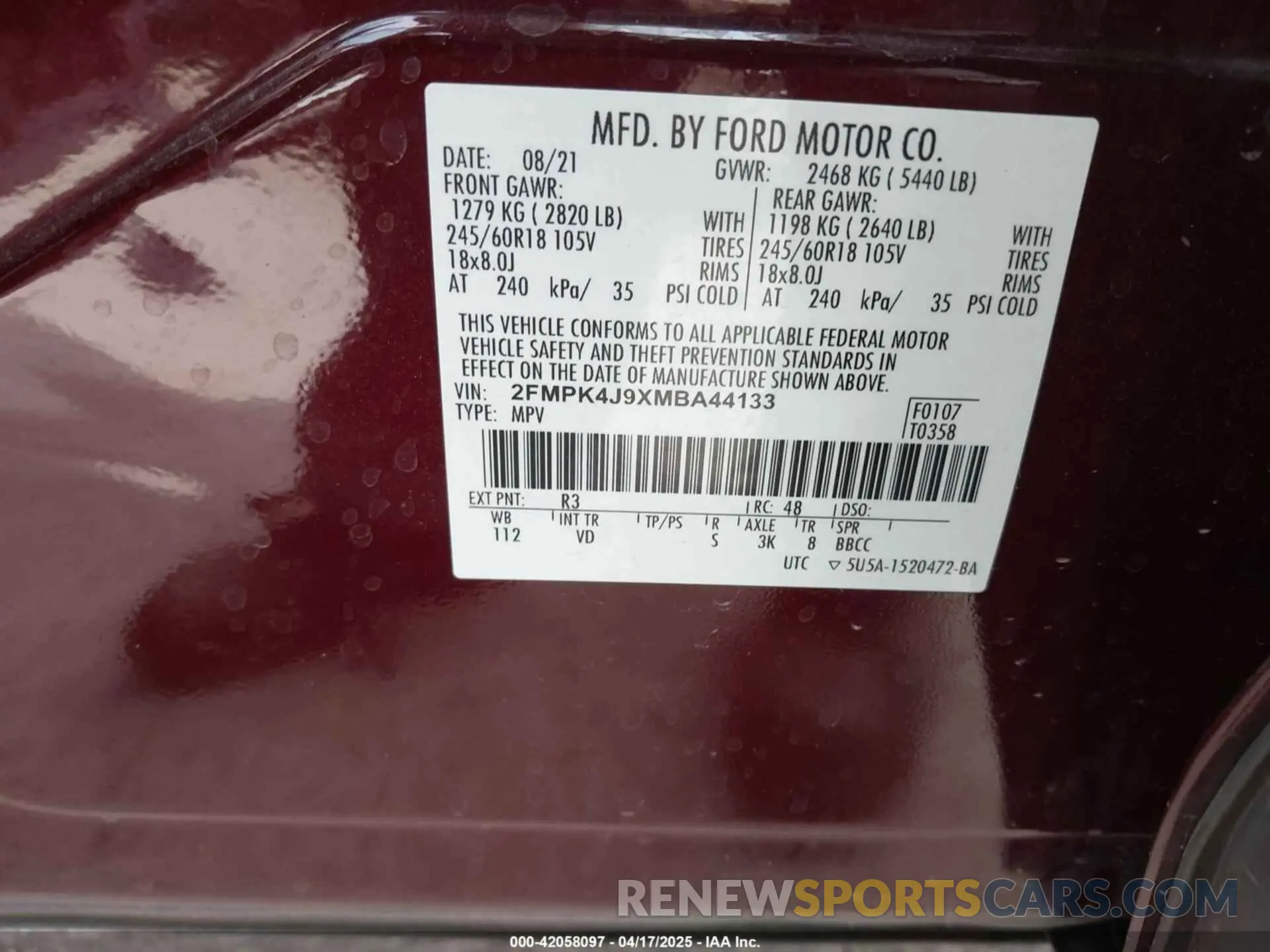 9 fotografías del automóvil dañado 2FMPK4J9XMBA44133 FORD EDGE 2021