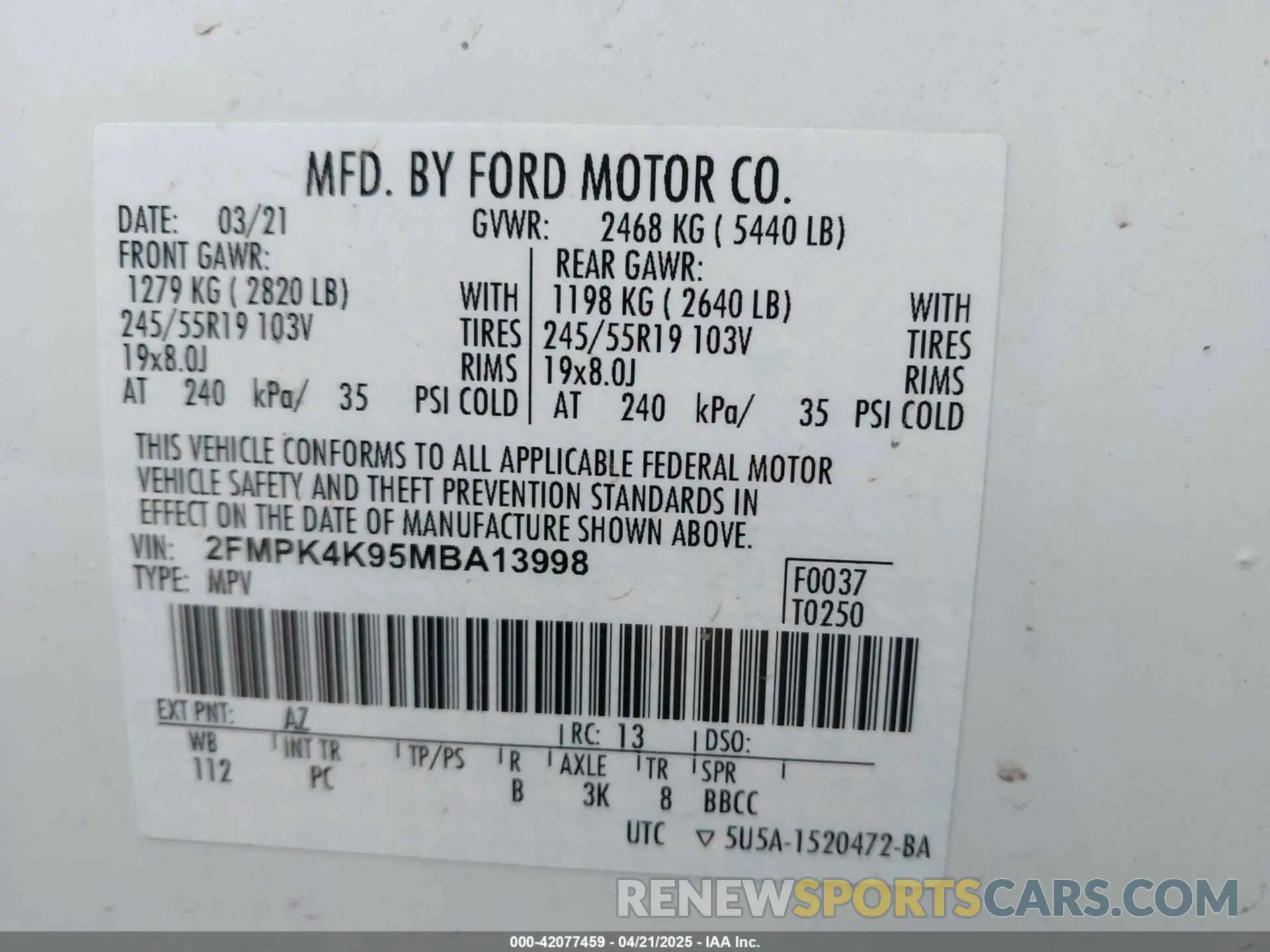 9 fotografías del automóvil dañado 2FMPK4K95MBA13998 FORD EDGE 2021