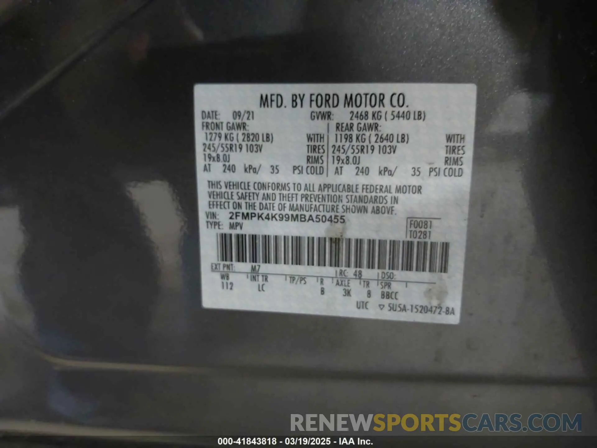 9 fotografías del automóvil dañado 2FMPK4K99MBA50455 FORD EDGE 2021