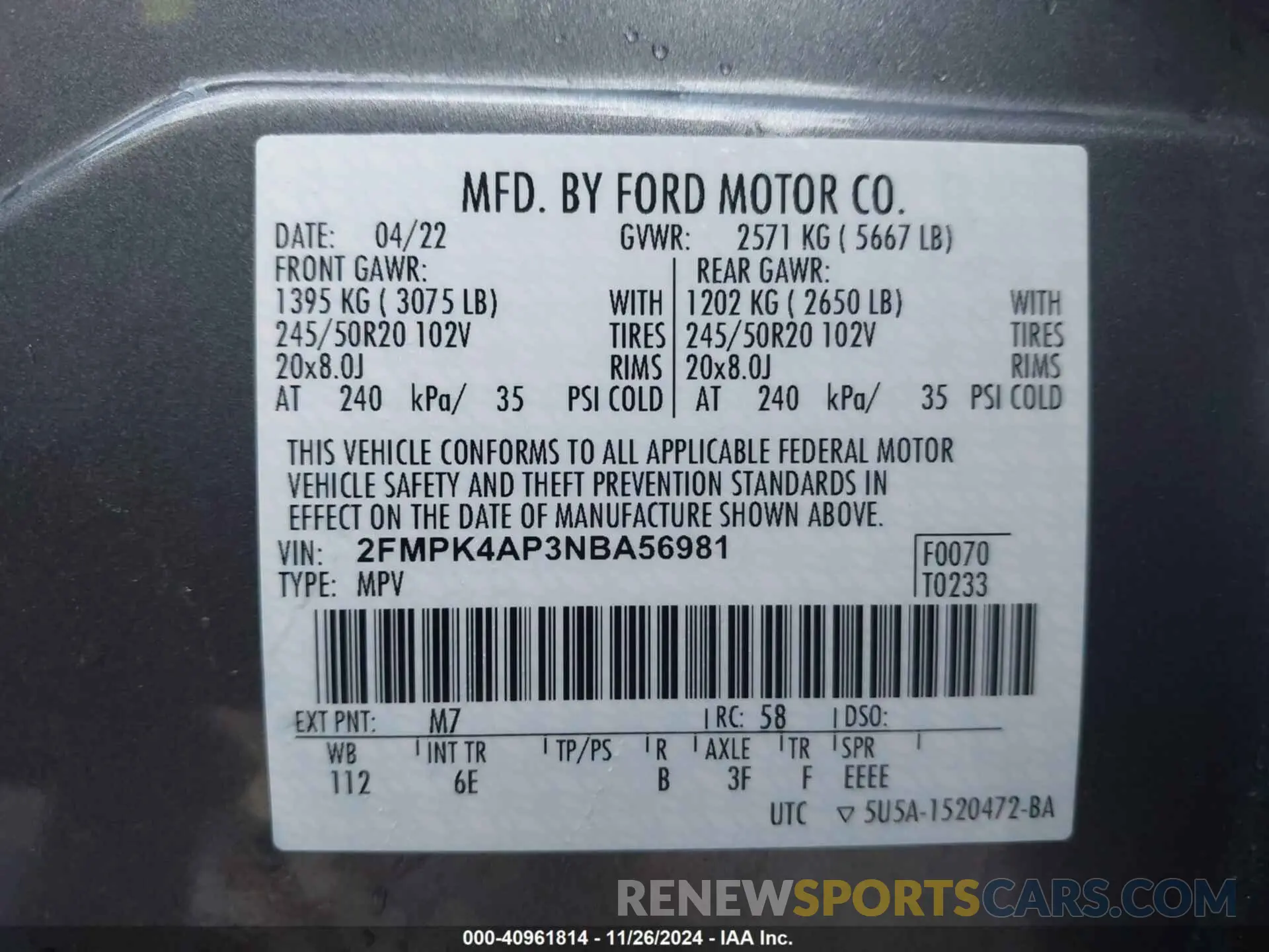 9 fotografías del automóvil dañado 2FMPK4AP3NBA56981 FORD EDGE 2022