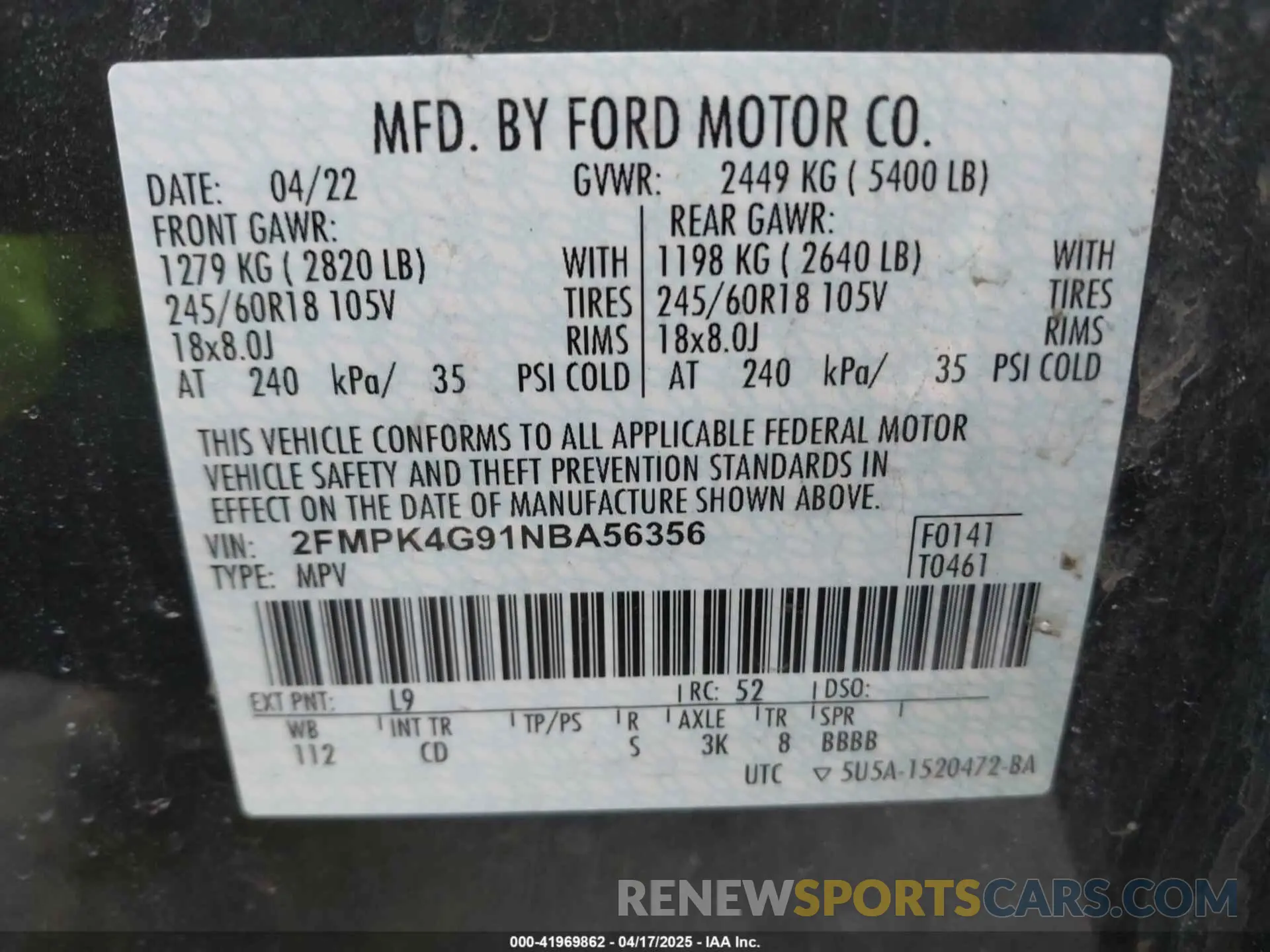 9 fotografías del automóvil dañado 2FMPK4G91NBA56356 FORD EDGE 2022