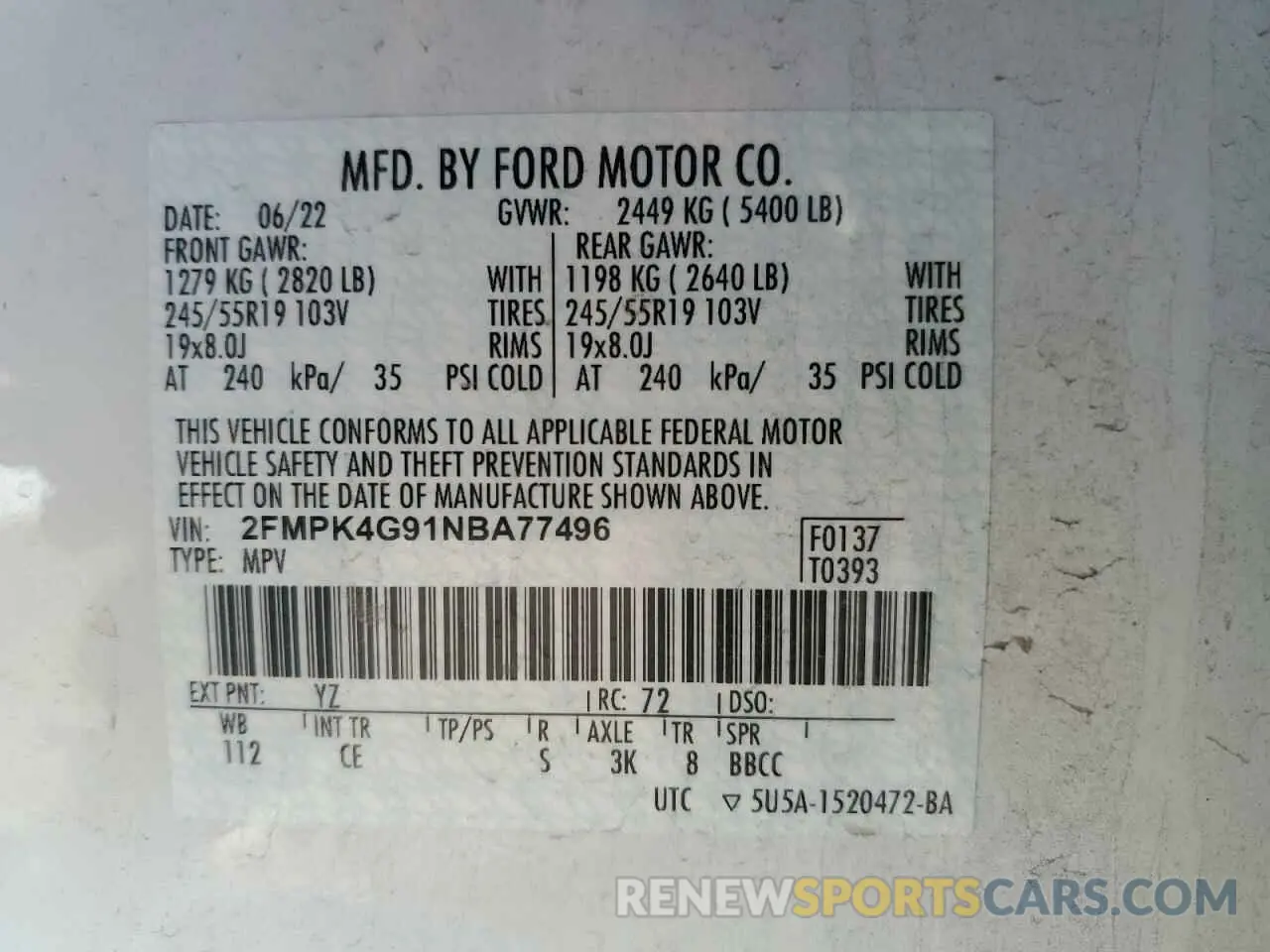 14 fotografías del automóvil dañado 2FMPK4G91NBA77496 FORD EDGE 2022
