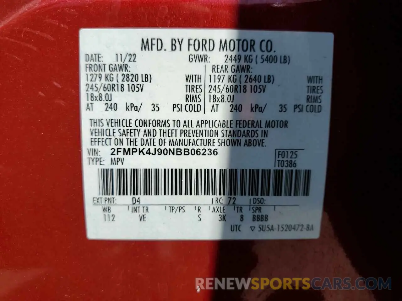 14 fotografías del automóvil dañado 2FMPK4J90NBB06236 FORD EDGE 2022