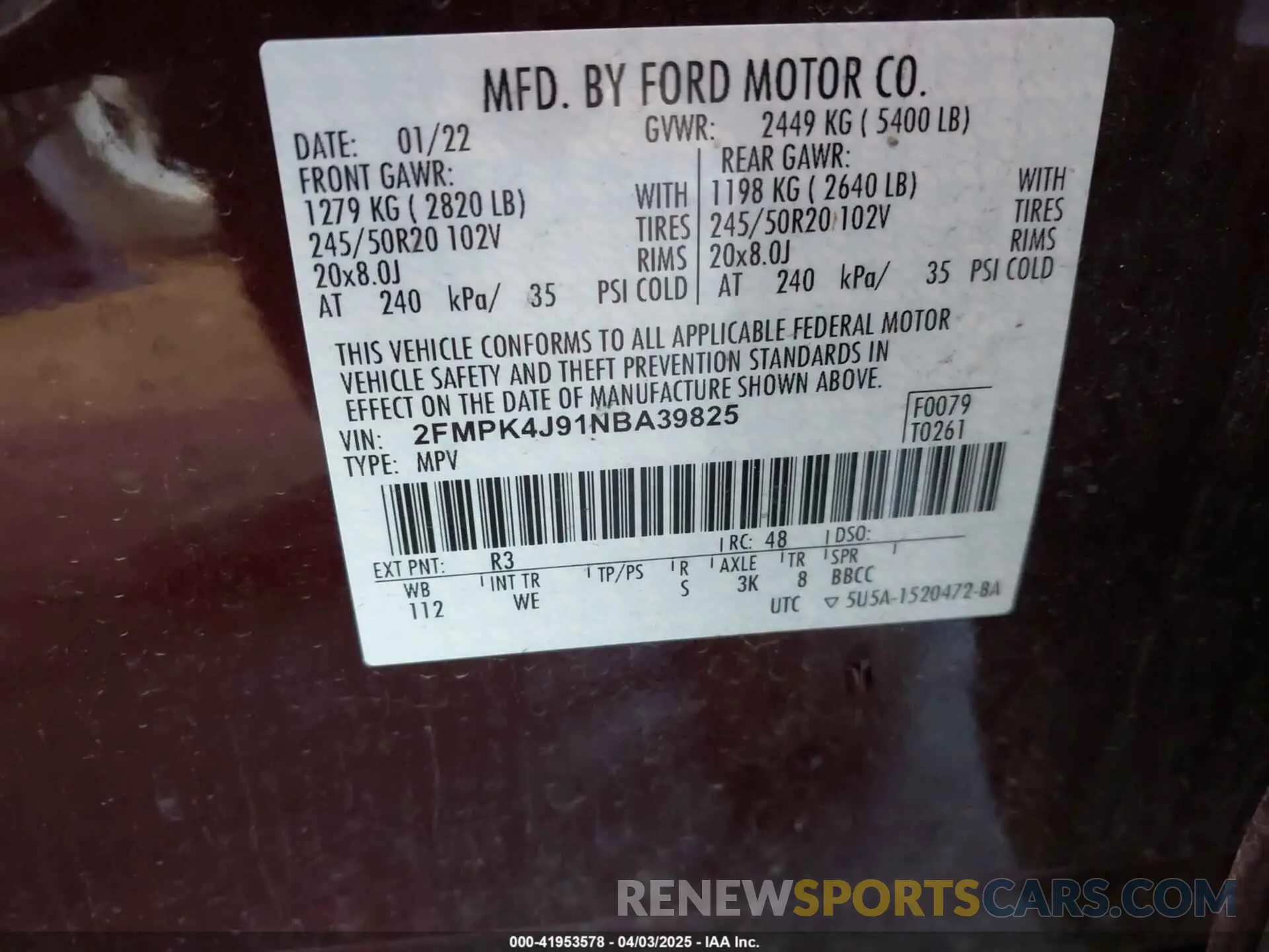9 fotografías del automóvil dañado 2FMPK4J91NBA39825 FORD EDGE 2022