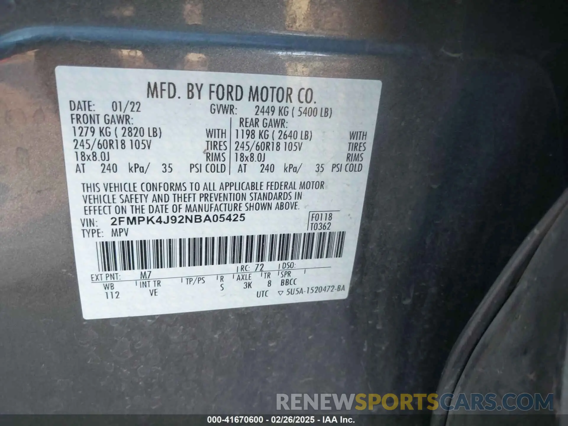 9 fotografías del automóvil dañado 2FMPK4J92NBA05425 FORD EDGE 2022