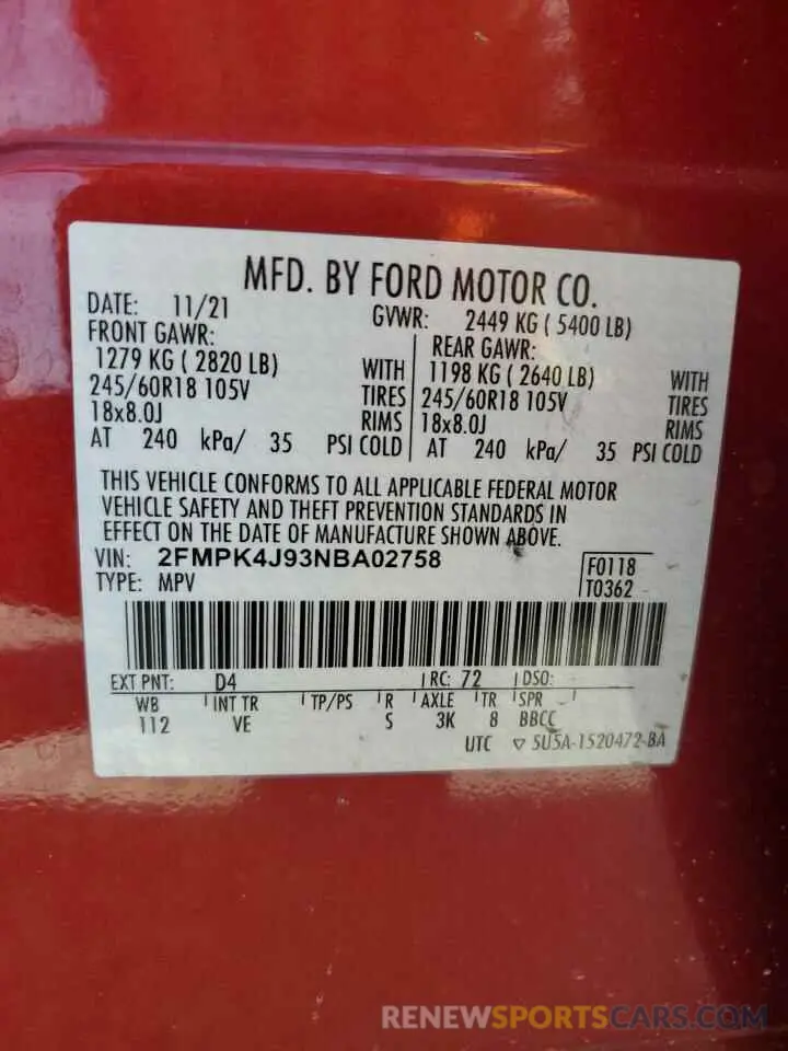 13 fotografías del automóvil dañado 2FMPK4J93NBA02758 FORD EDGE 2022
