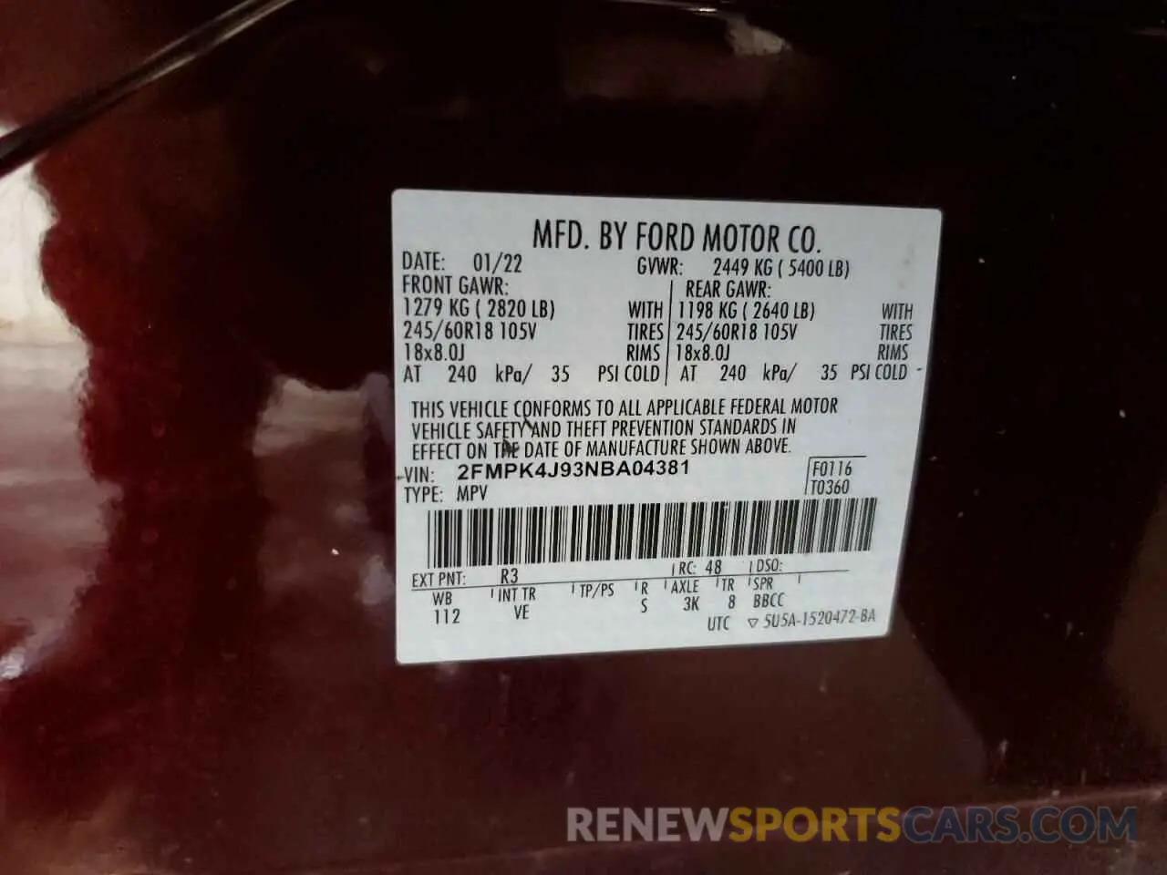 14 fotografías del automóvil dañado 2FMPK4J93NBA04381 FORD EDGE 2022