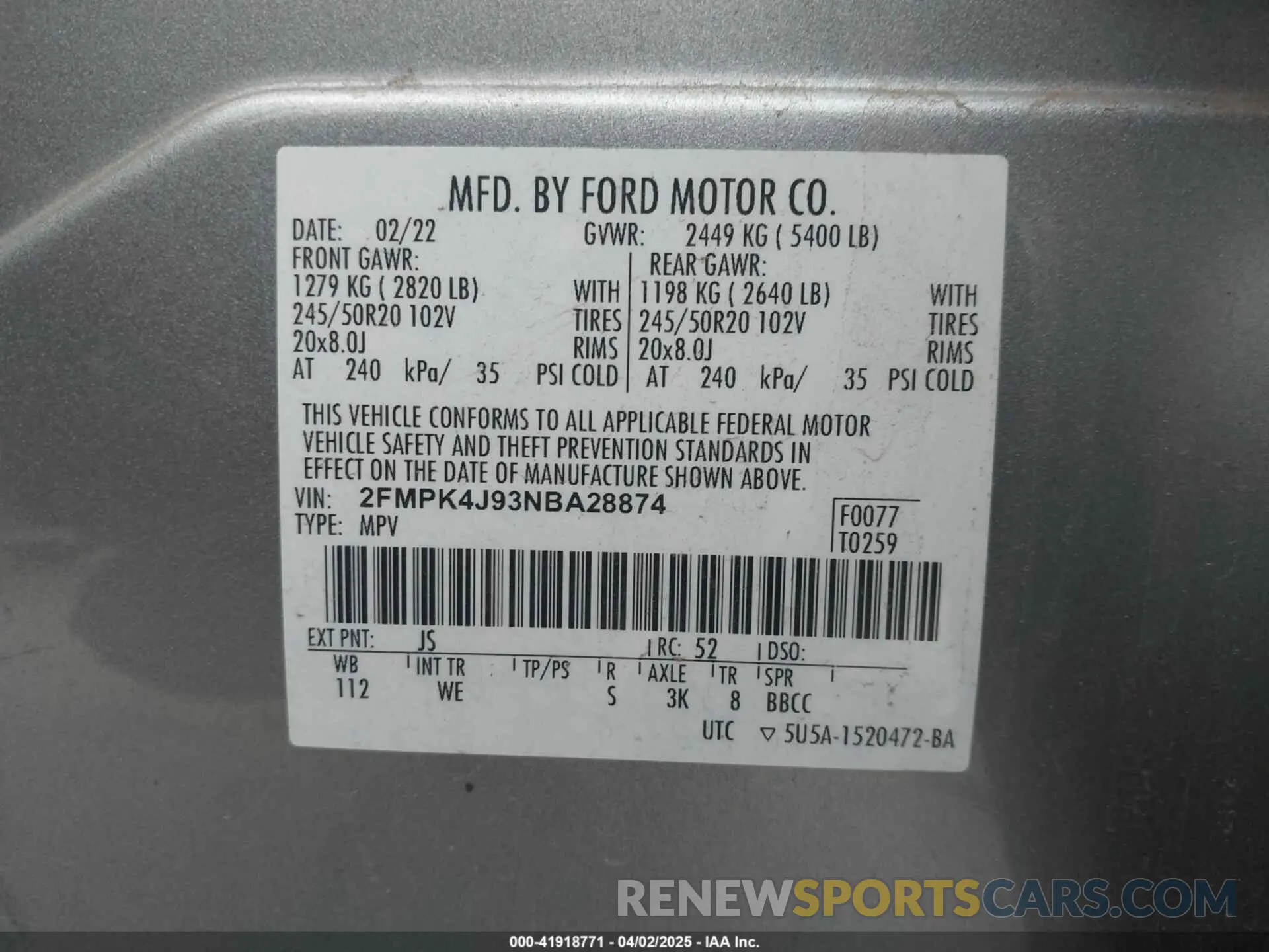 9 fotografías del automóvil dañado 2FMPK4J93NBA28874 FORD EDGE 2022