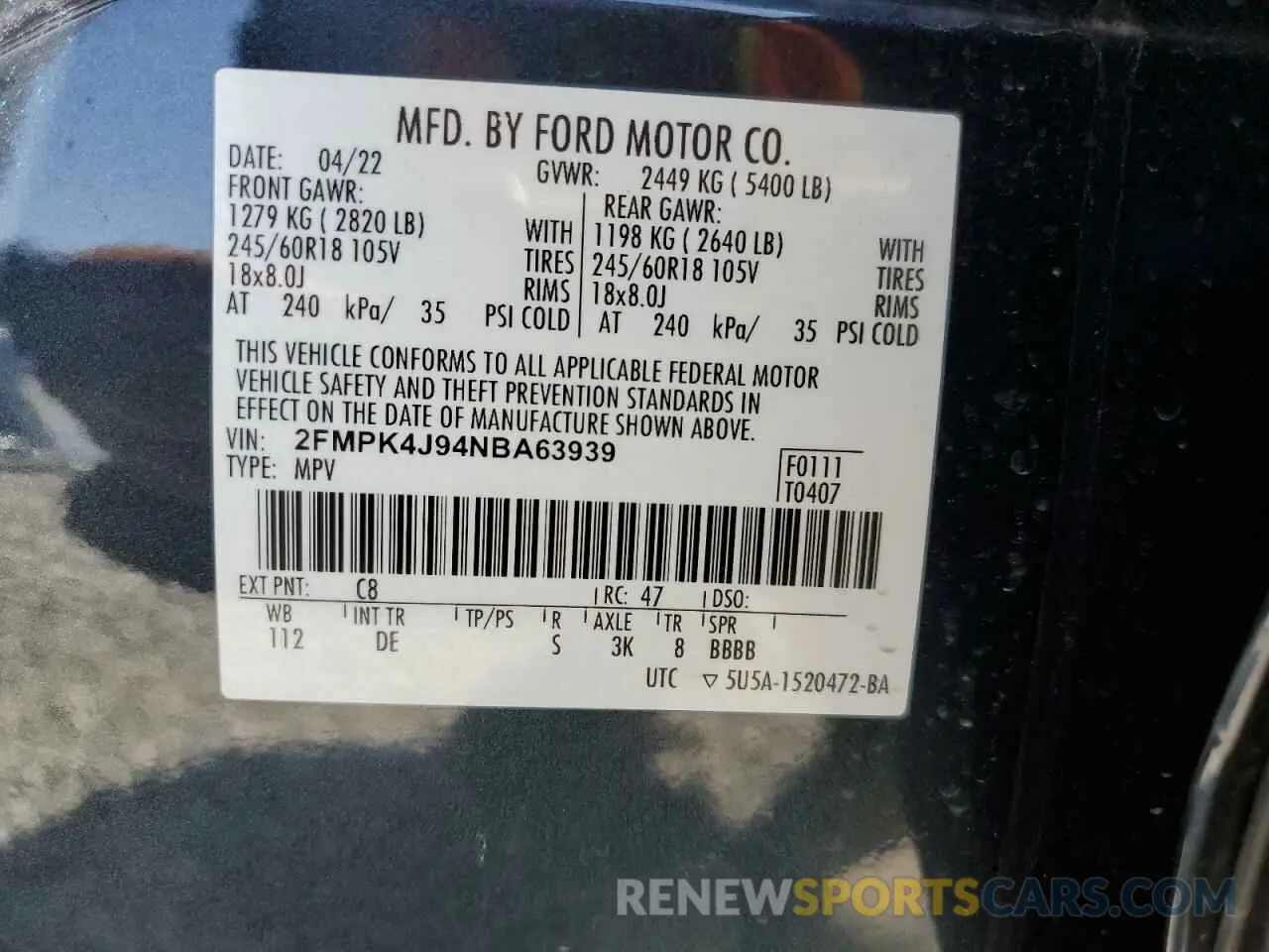 13 fotografías del automóvil dañado 2FMPK4J94NBA63939 FORD EDGE 2022