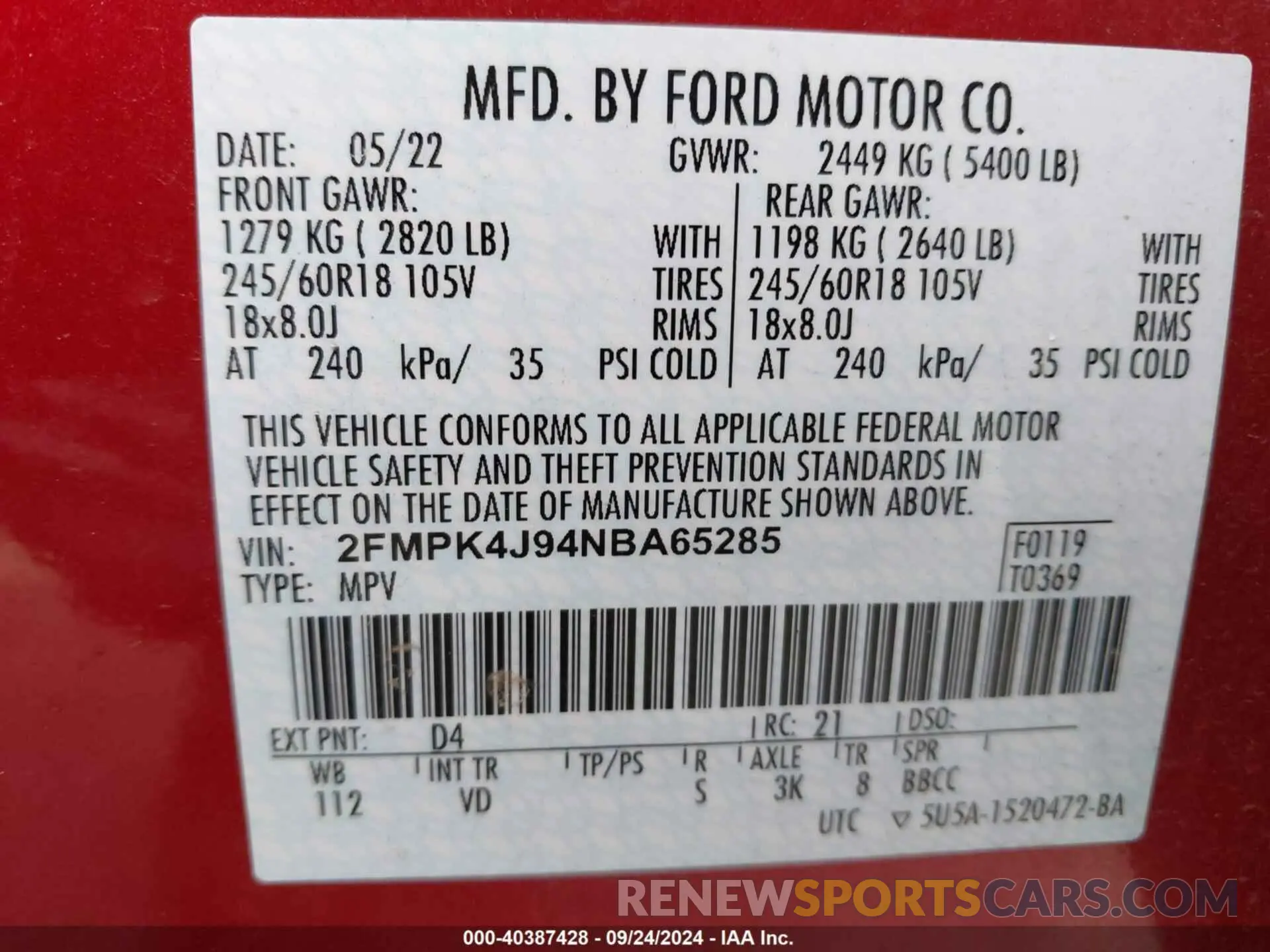 9 fotografías del automóvil dañado 2FMPK4J94NBA65285 FORD EDGE 2022