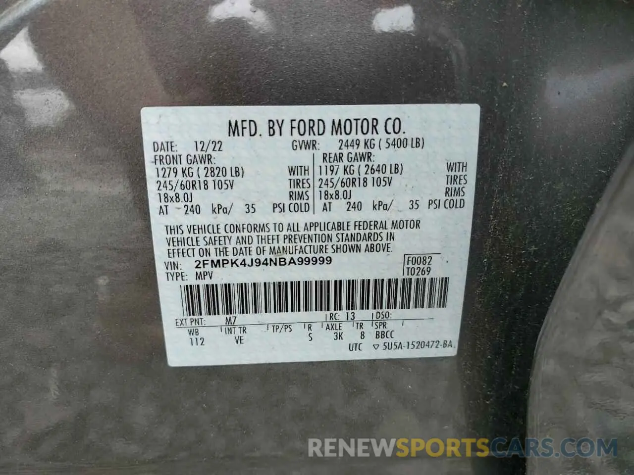 14 fotografías del automóvil dañado 2FMPK4J94NBA99999 FORD EDGE 2022