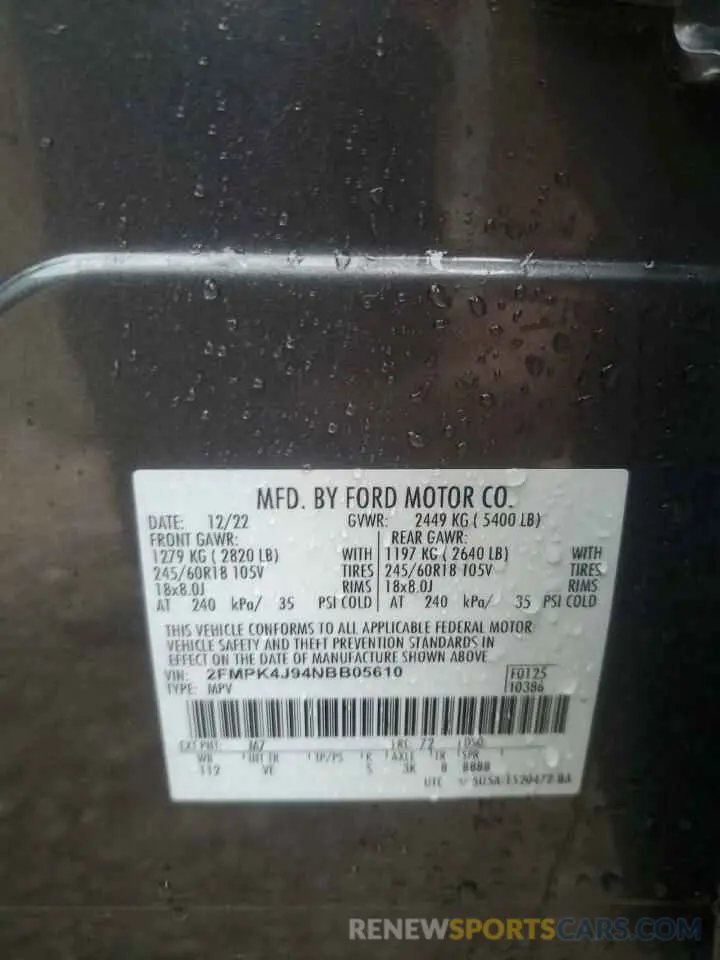 13 fotografías del automóvil dañado 2FMPK4J94NBB05610 FORD EDGE 2022