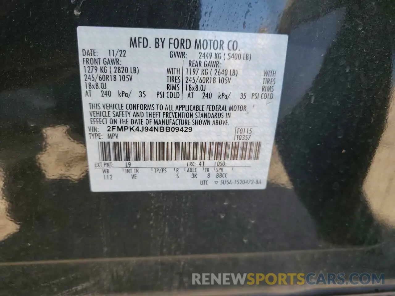 12 fotografías del automóvil dañado 2FMPK4J94NBB09429 FORD EDGE 2022