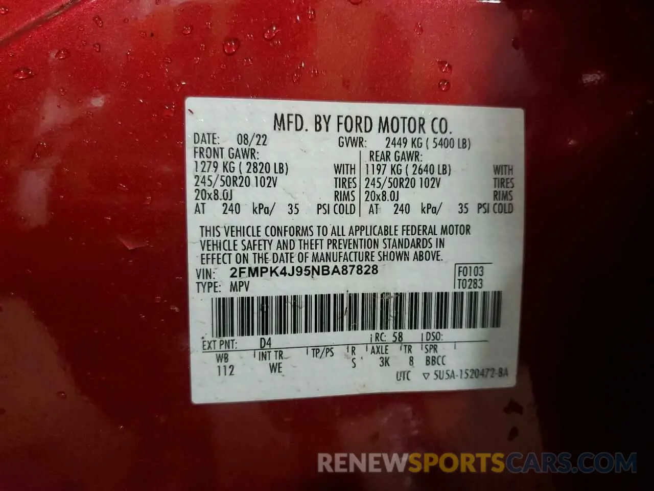 15 fotografías del automóvil dañado 2FMPK4J95NBA87828 FORD EDGE 2022