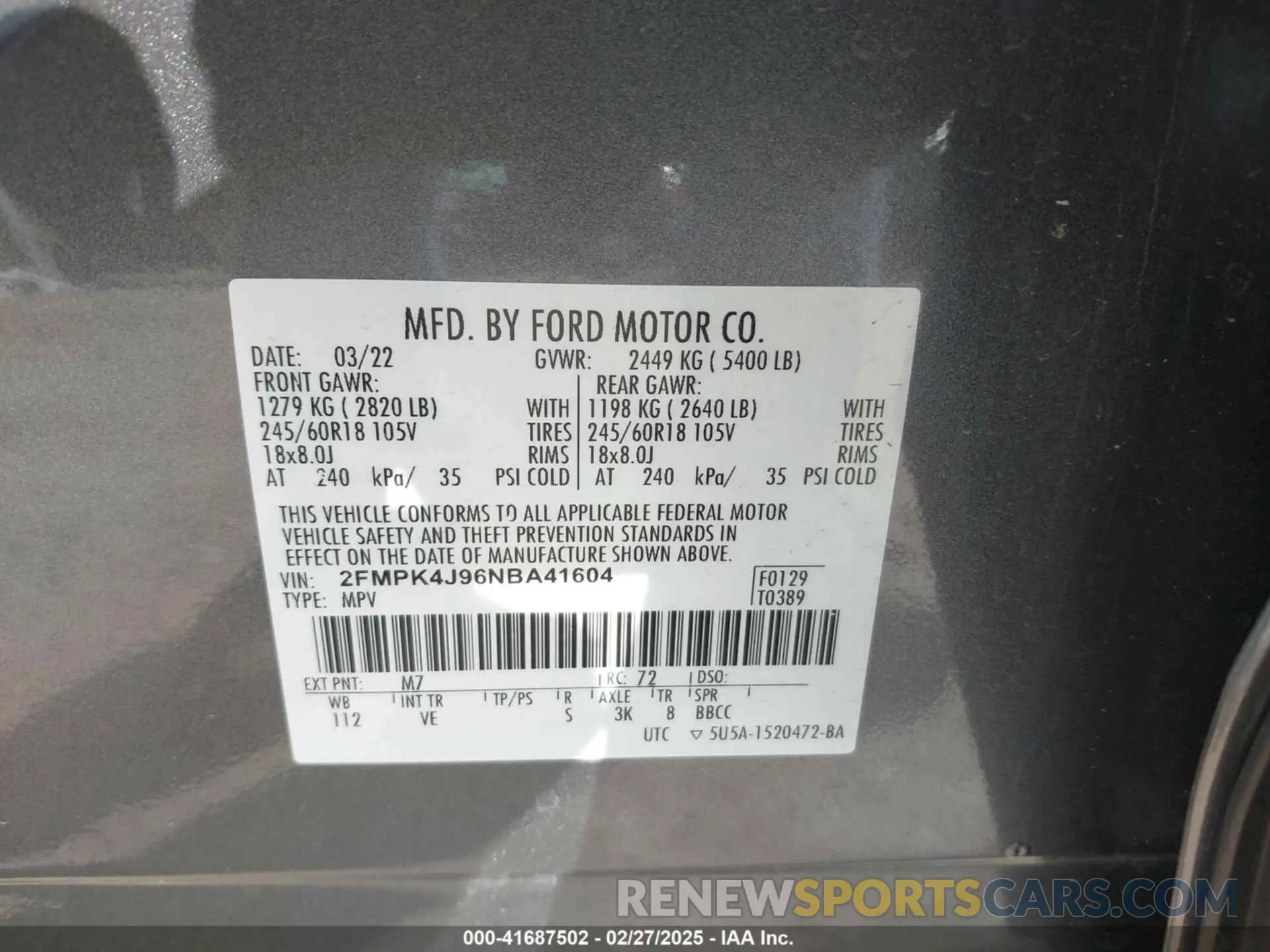 9 fotografías del automóvil dañado 2FMPK4J96NBA41604 FORD EDGE 2022