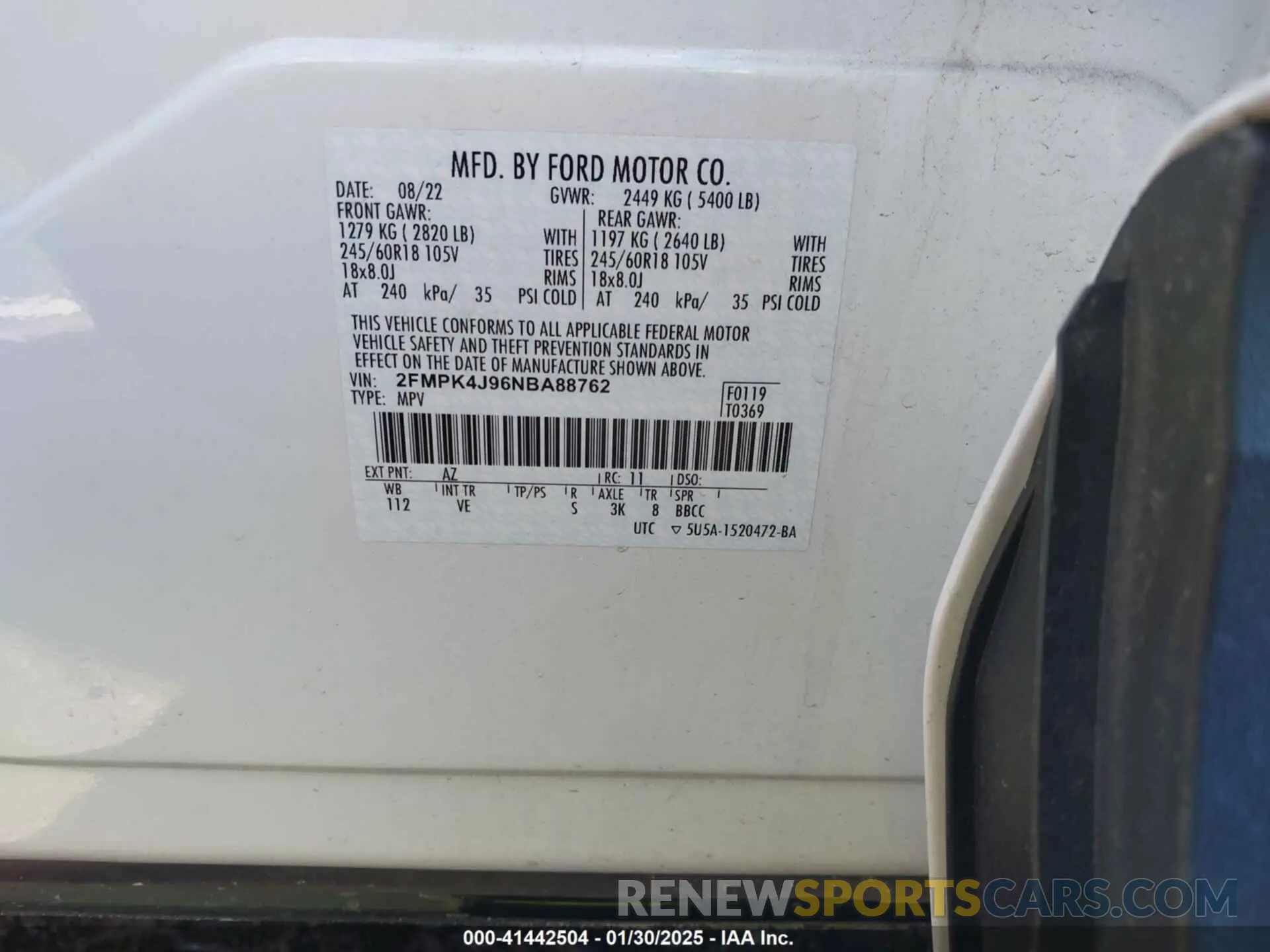 9 fotografías del automóvil dañado 2FMPK4J96NBA88762 FORD EDGE 2022