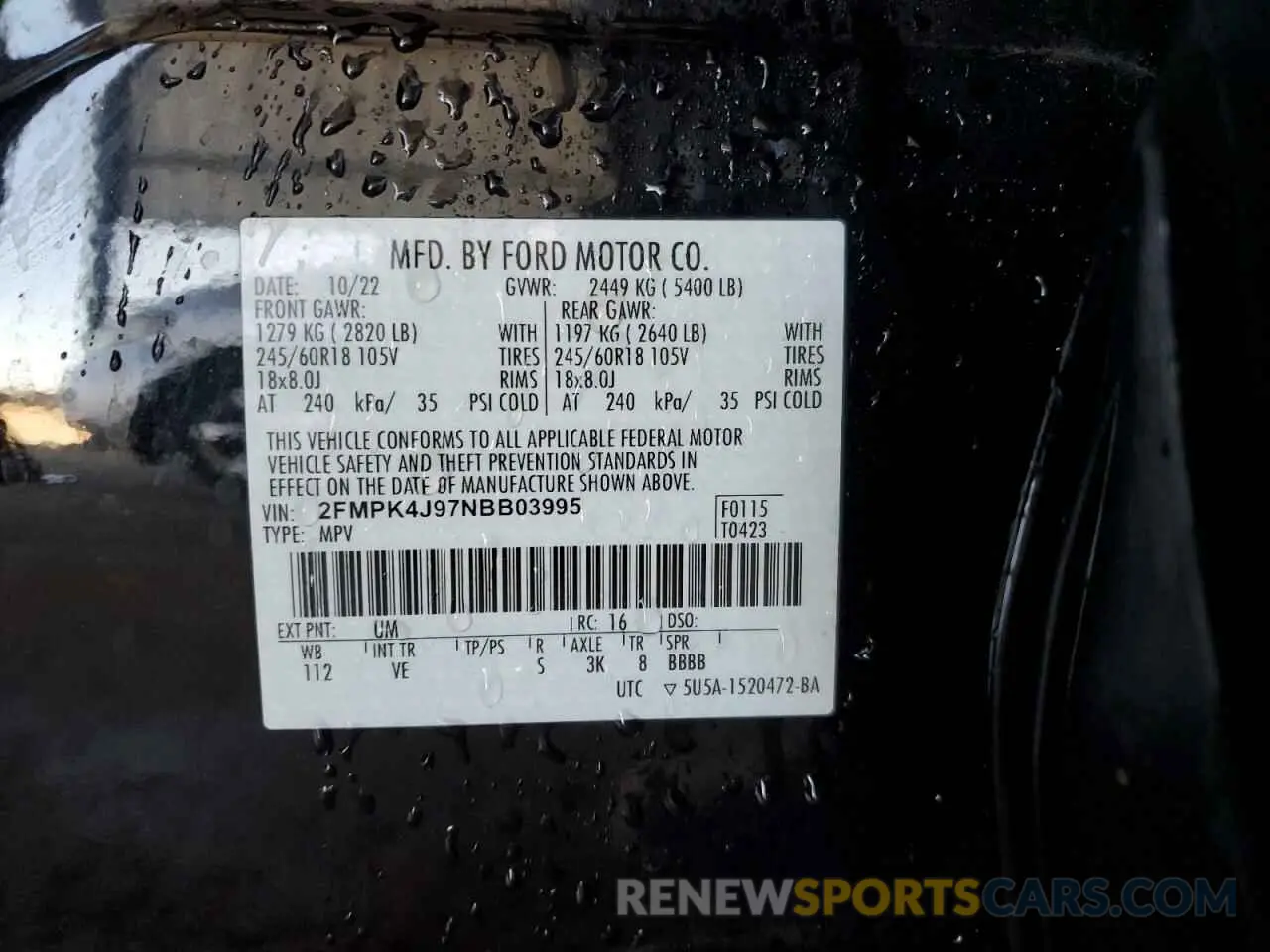 14 fotografías del automóvil dañado 2FMPK4J97NBB03995 FORD EDGE 2022