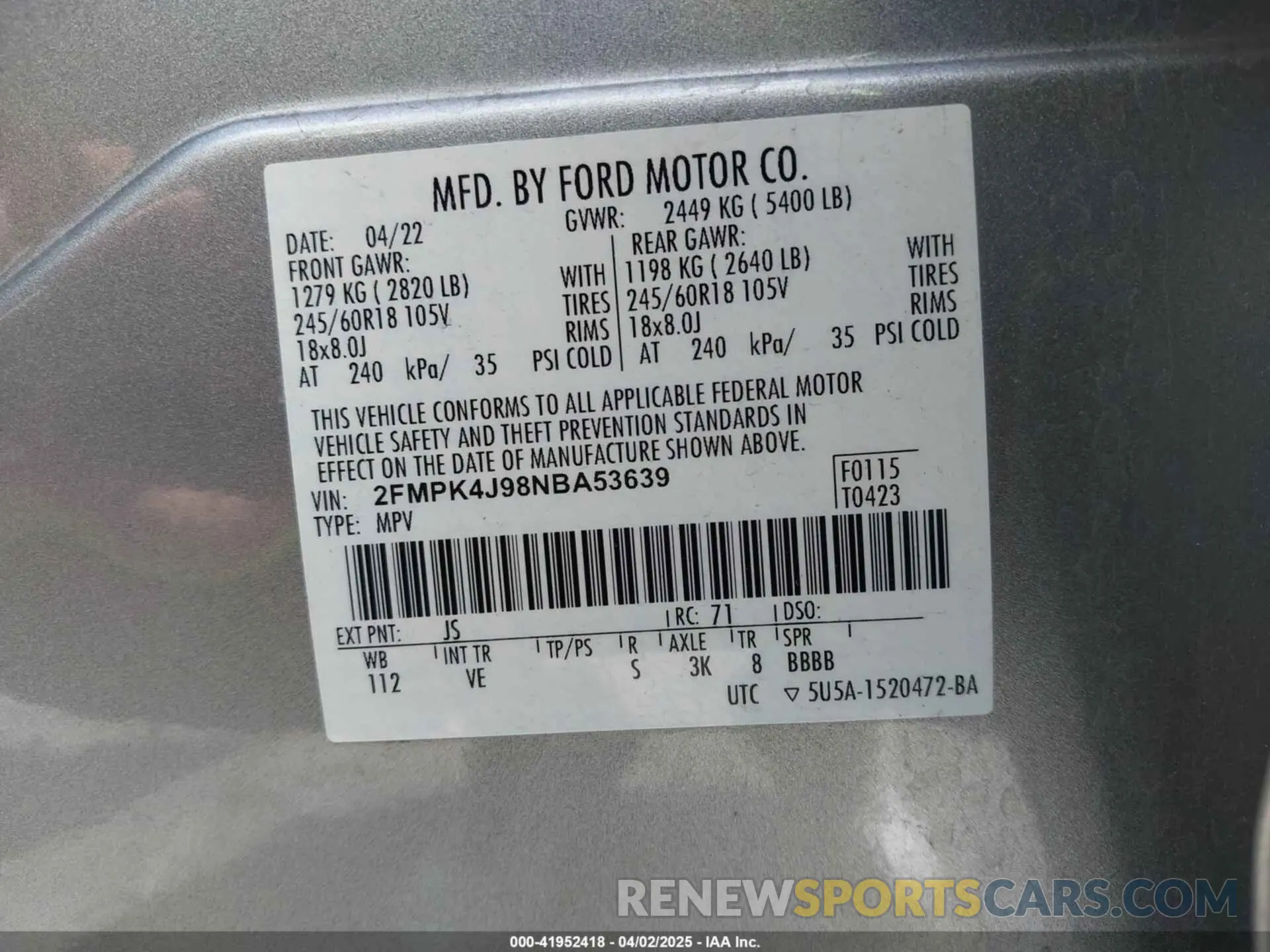 9 fotografías del automóvil dañado 2FMPK4J98NBA53639 FORD EDGE 2022
