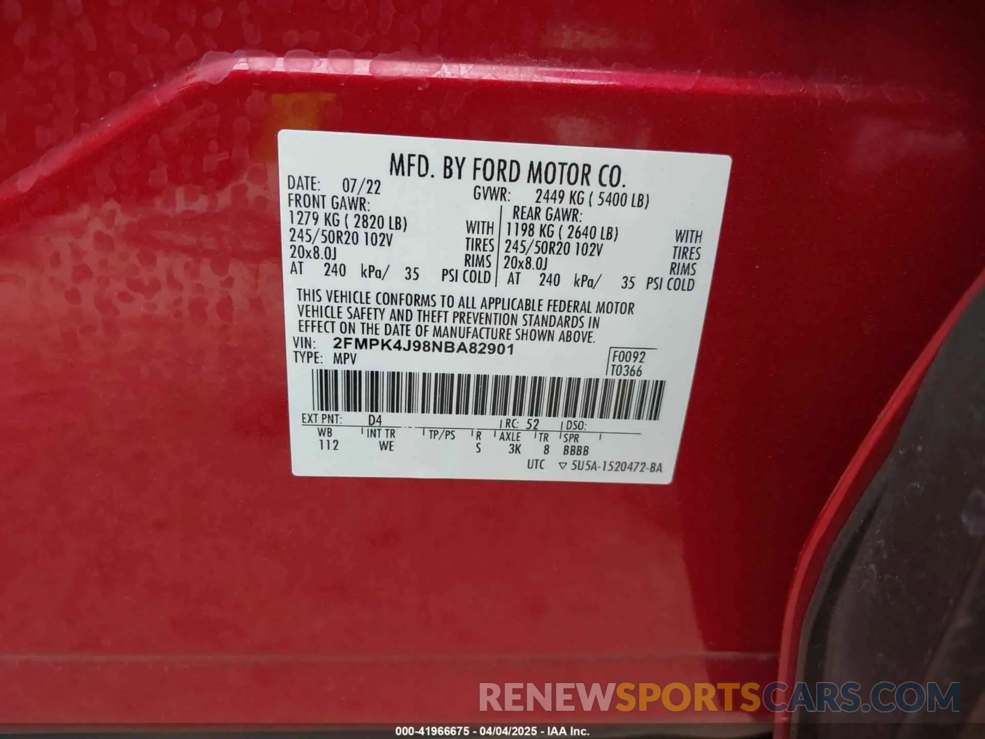 9 fotografías del automóvil dañado 2FMPK4J98NBA82901 FORD EDGE 2022