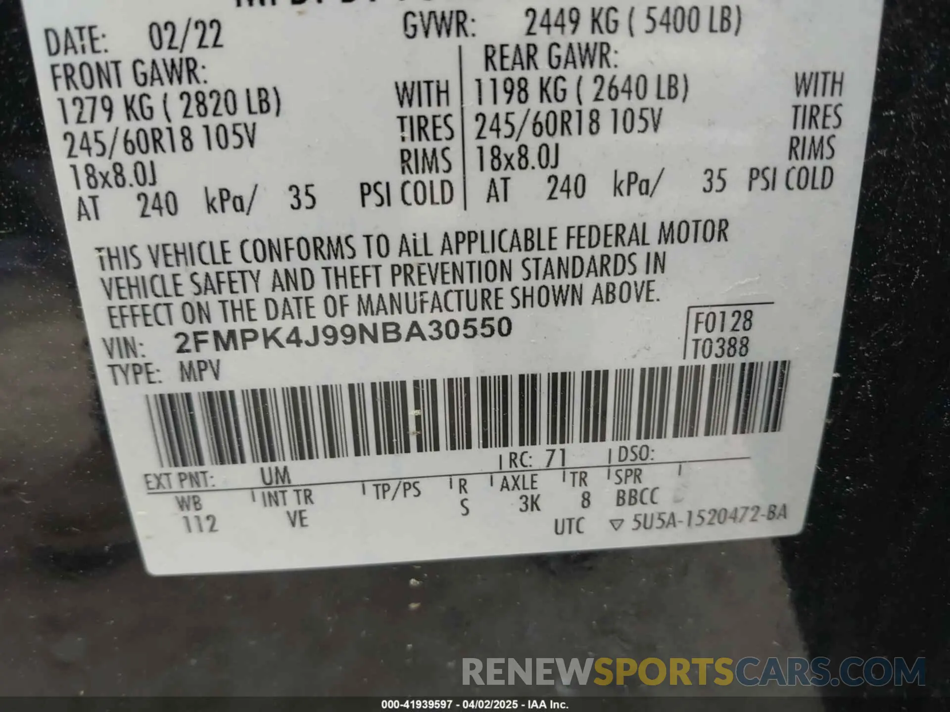 9 fotografías del automóvil dañado 2FMPK4J99NBA30550 FORD EDGE 2022