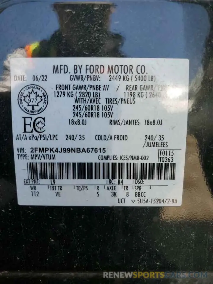 13 fotografías del automóvil dañado 2FMPK4J99NBA67615 FORD EDGE 2022