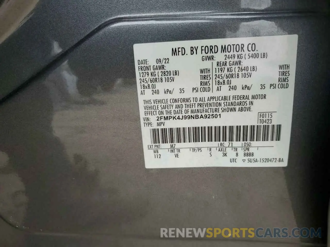15 fotografías del automóvil dañado 2FMPK4J99NBA92501 FORD EDGE 2022