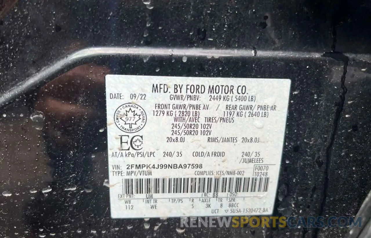 10 fotografías del automóvil dañado 2FMPK4J99NBA97598 FORD EDGE 2022
